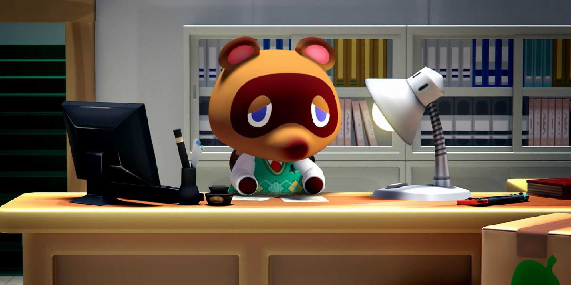 Tom Nook sitting at his Happy Home Designer desk