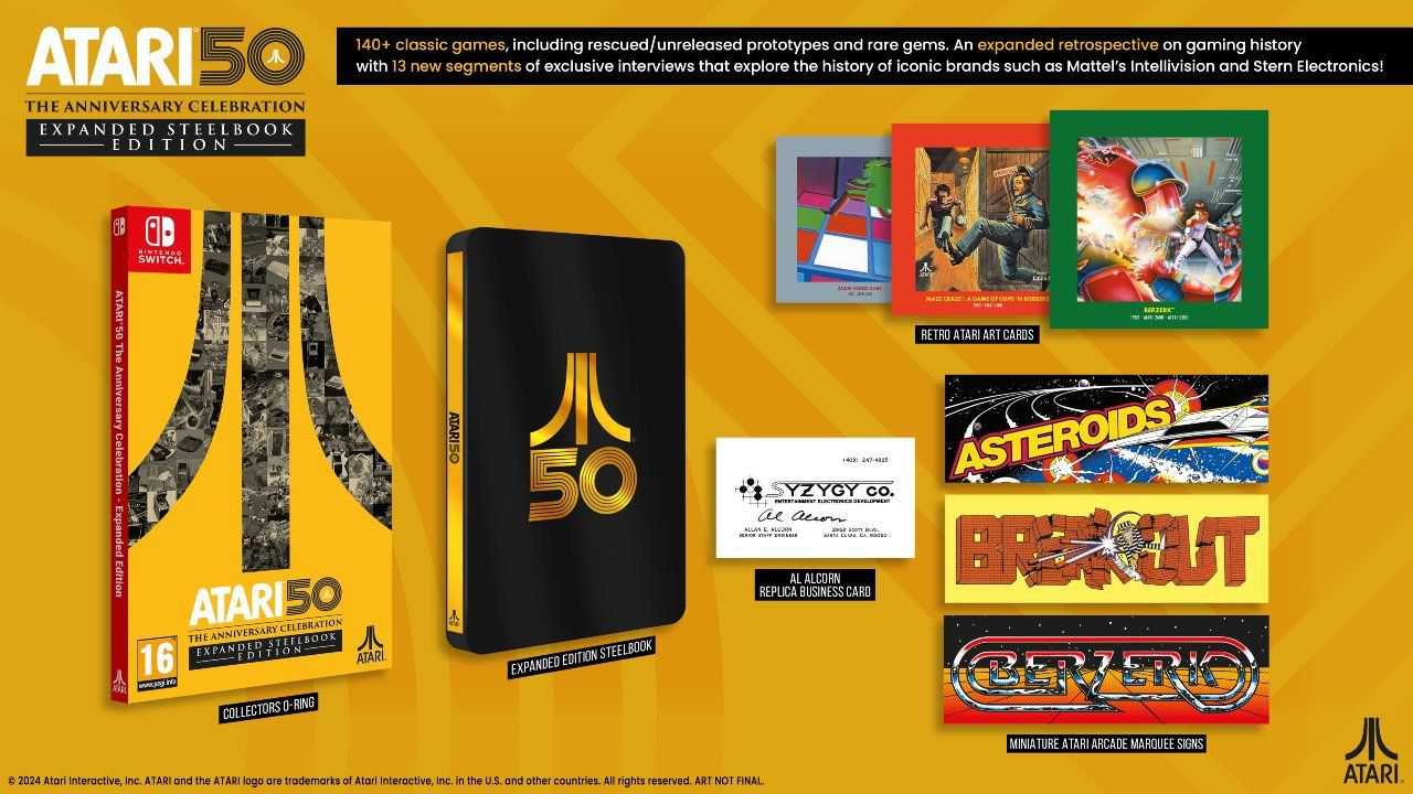 A promotional image for the Atari 50: The Anniversary Celebration Extended Edition Nintendo Switch Steelbook.