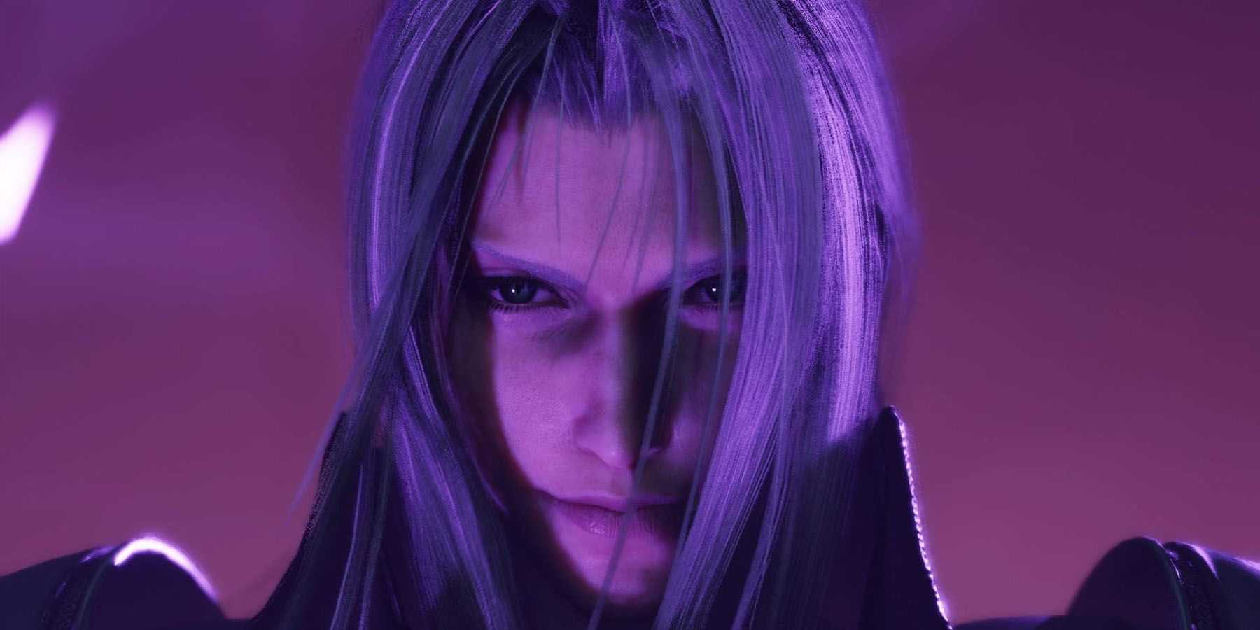 Um close de Sephiroth banhado em luz roxa em Final Fantasy 7 Rebirth.