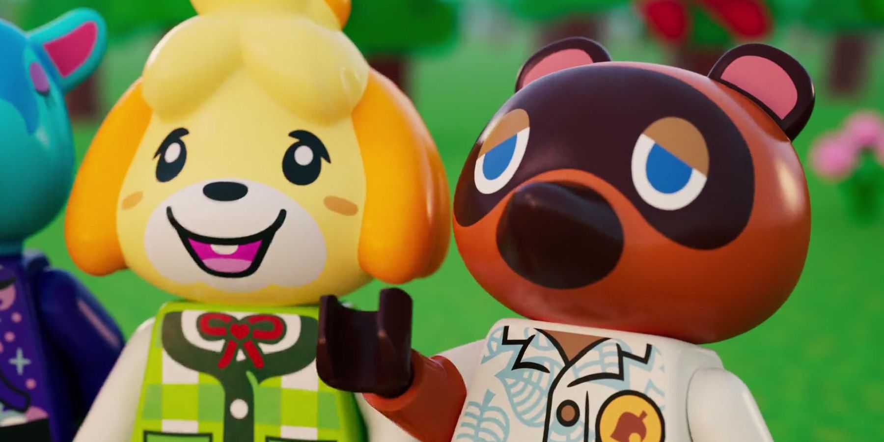 A close-up shot of the LEGO Animal Crossing Isabelle and Tom Nook Minifigures.