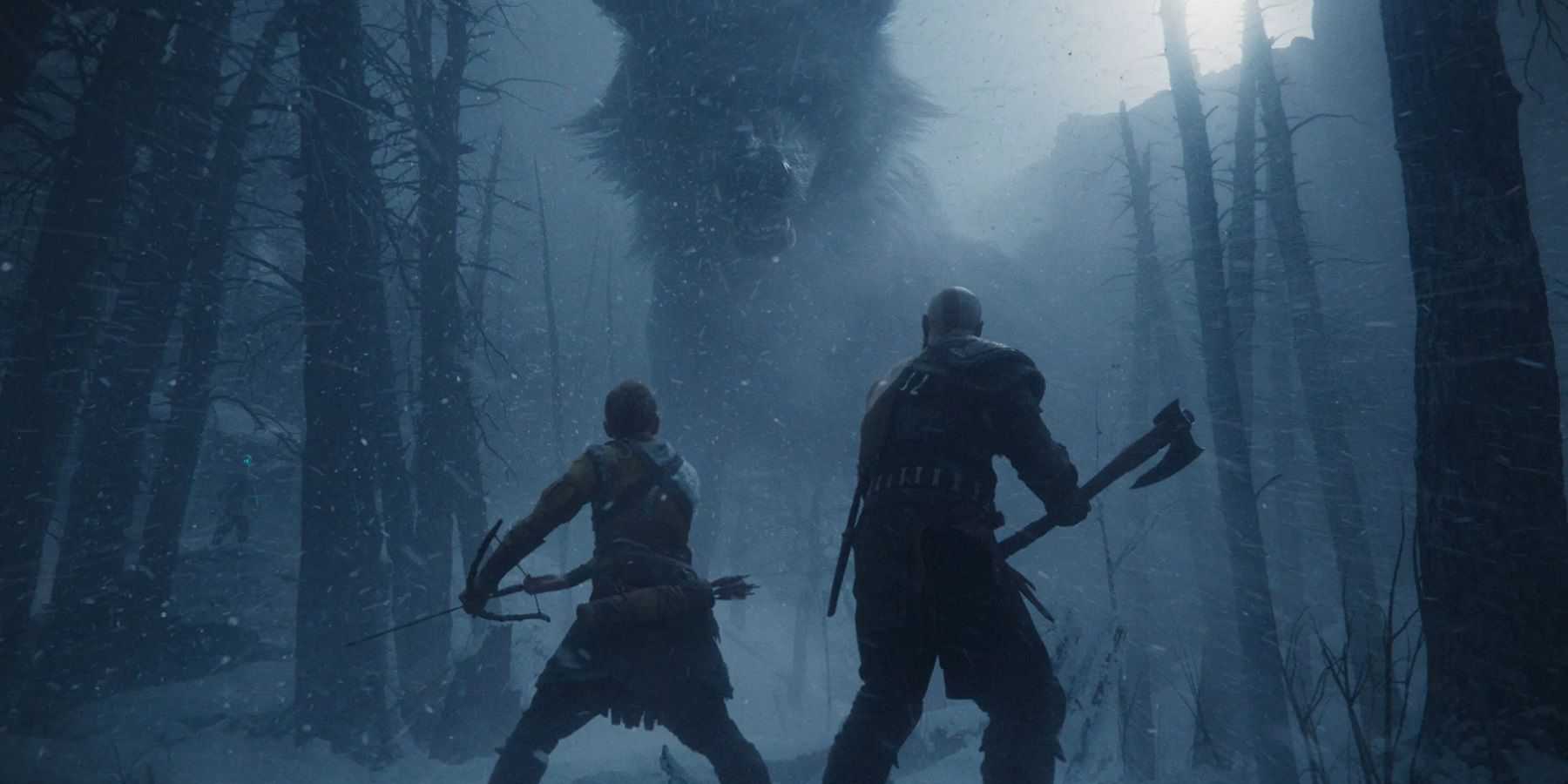 Image from God of War Ragnarok showing Kratos and Atreus about to fight a giant beast.