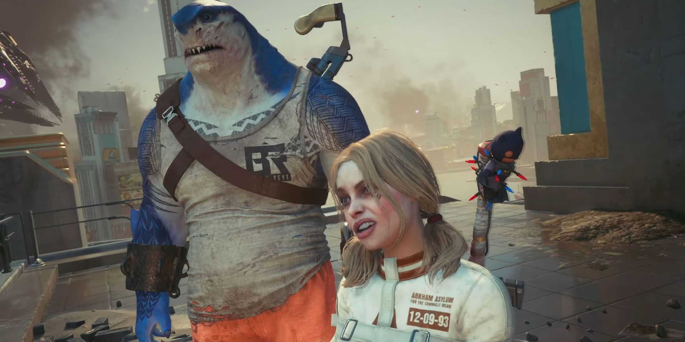 A screenshot of Harley Quinn and King Shark looking upset in Suicide Squad: Kill the Justice League.