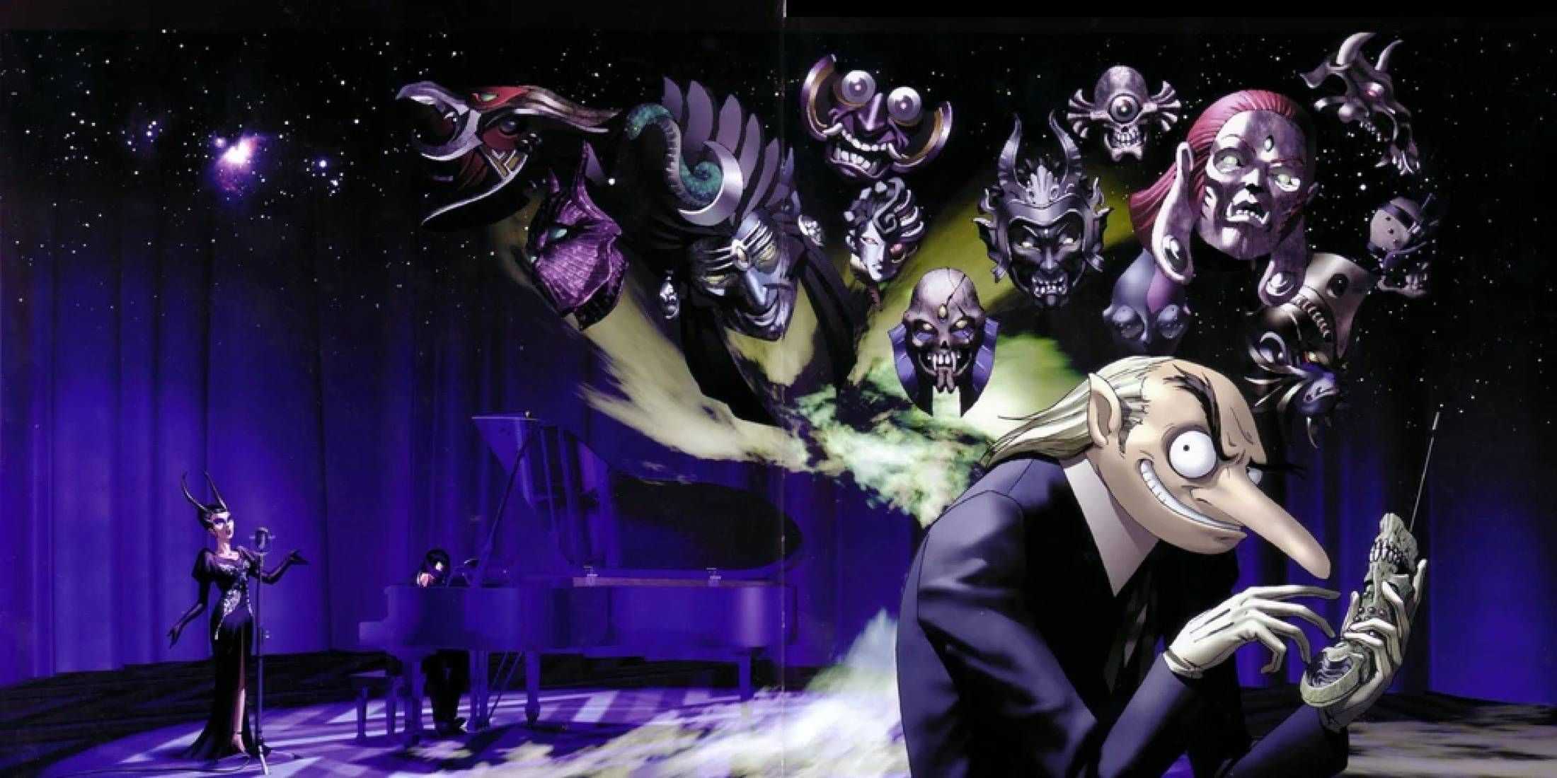 Artwork of Igor, Belladonna, and Nameless in the Velvet Room from Persona 2