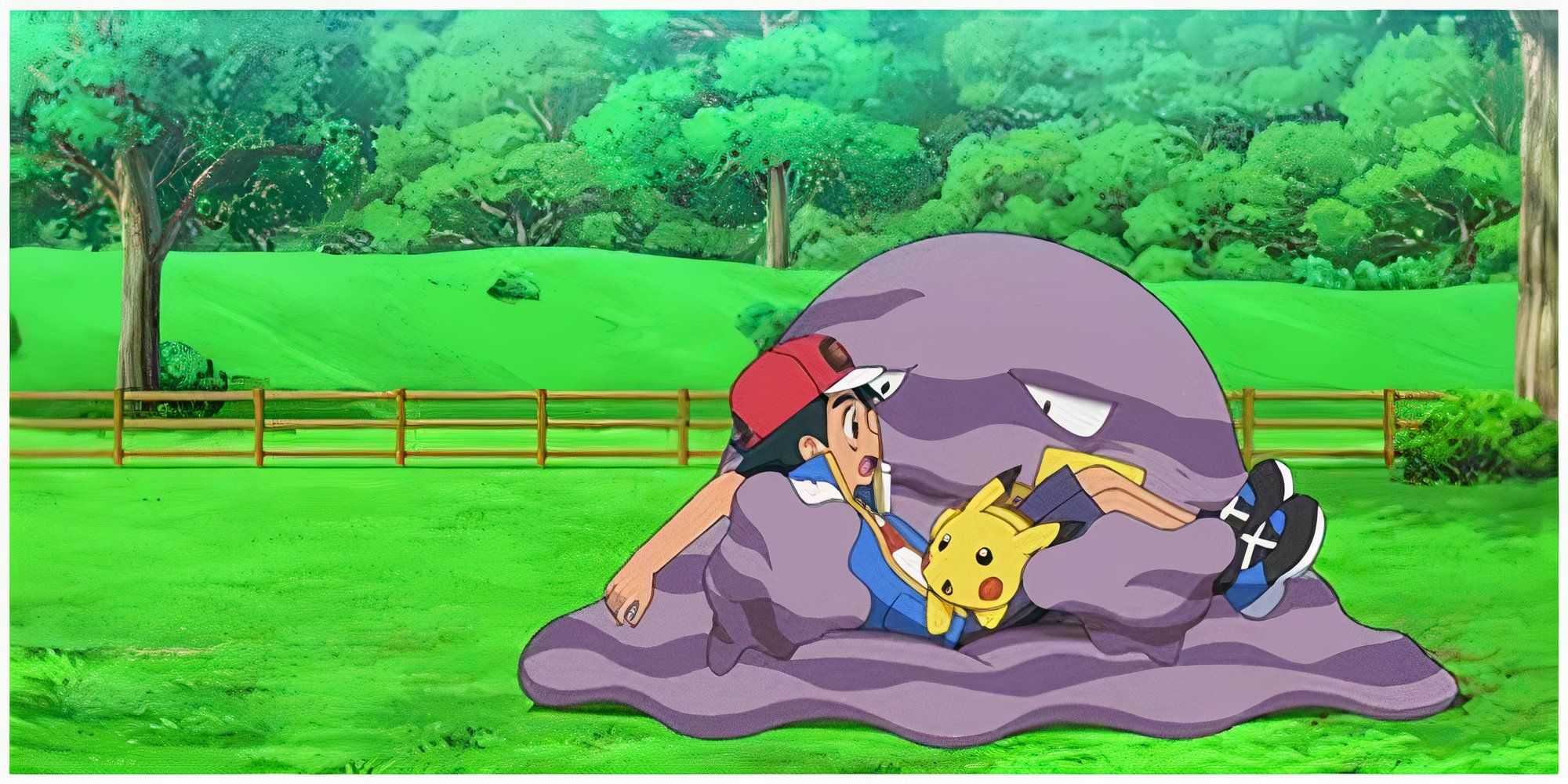 Ash e Pikachu sendo segurados por Muk.