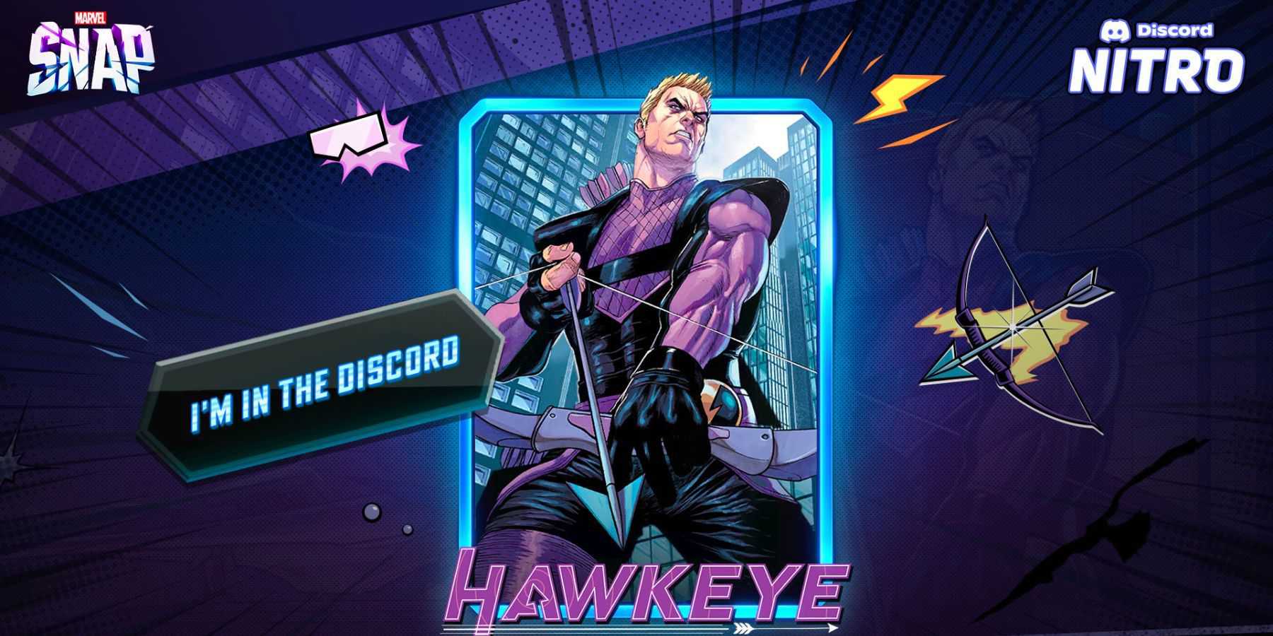 imagem mostrando a variante hawkeye na colaboração marvel snap discord nitro.