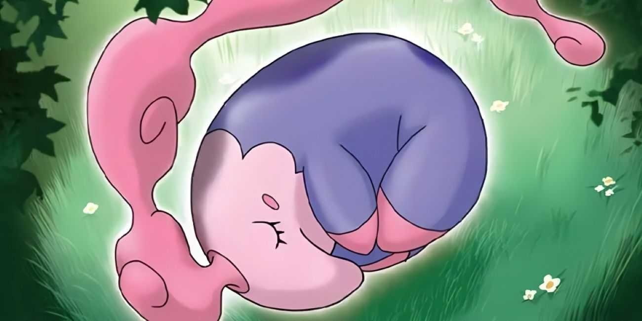 Musharna dormindo em um campo de flores em Pokemon