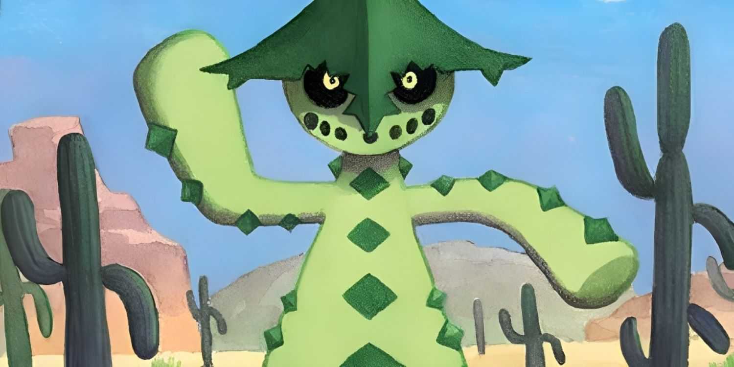 Cacturne ao lado de cactos no deserto em Pokemon