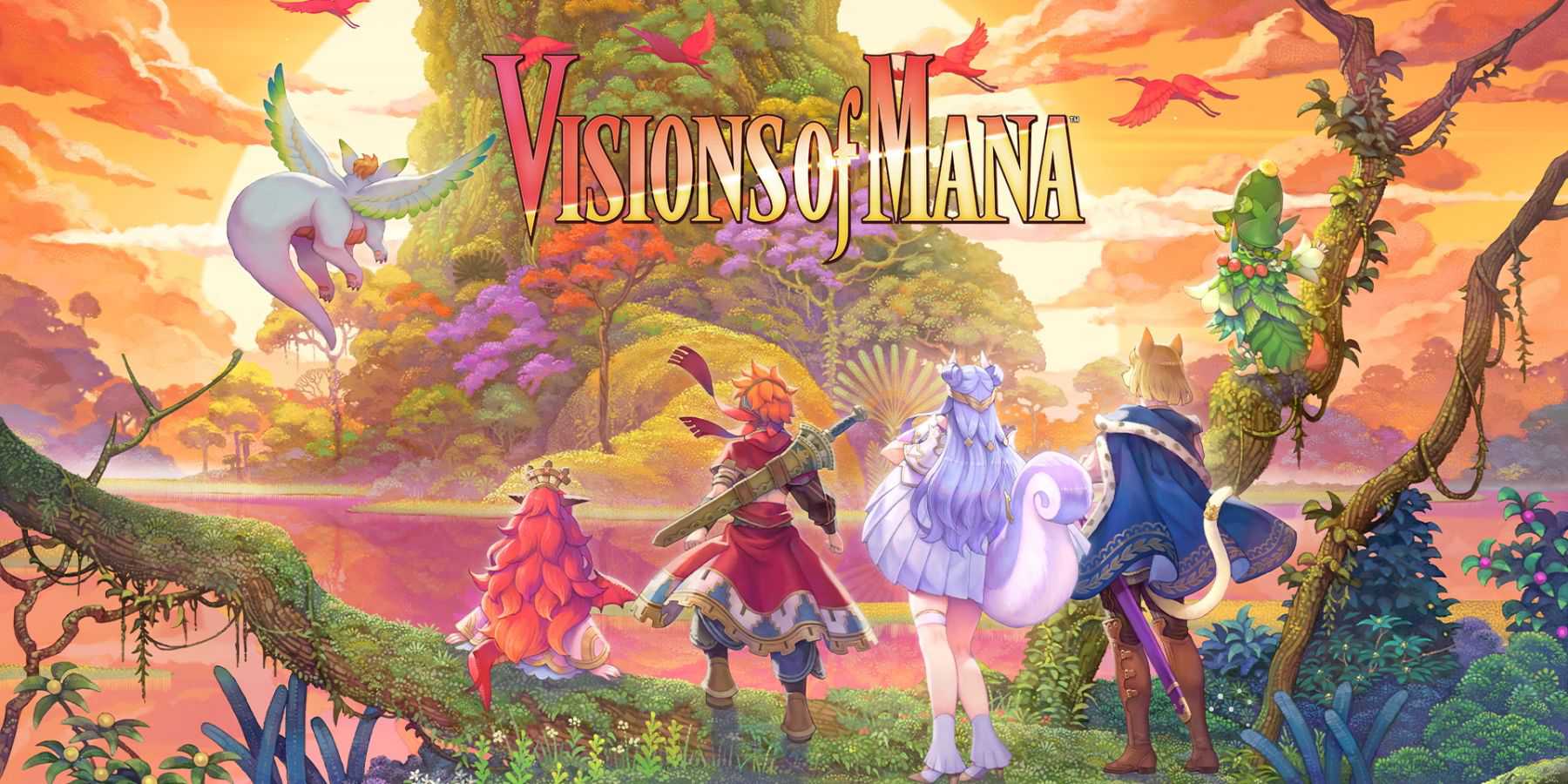 O visual principal de Visions of Mana. A imagem mostra o elenco principal do jogo em frente a uma árvore gigante.