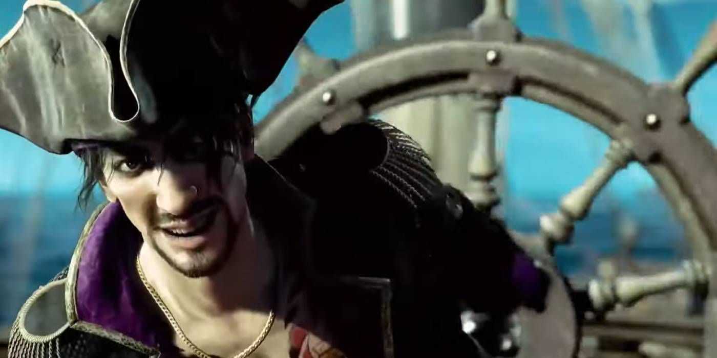 Goro Majima at a ship's wheel in Like a Dragon: Pirate Yakuza in Hawaii