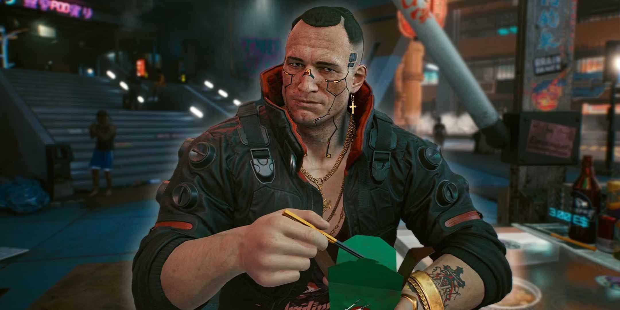 Jackie from Cyberpunk 2077 eating lunch