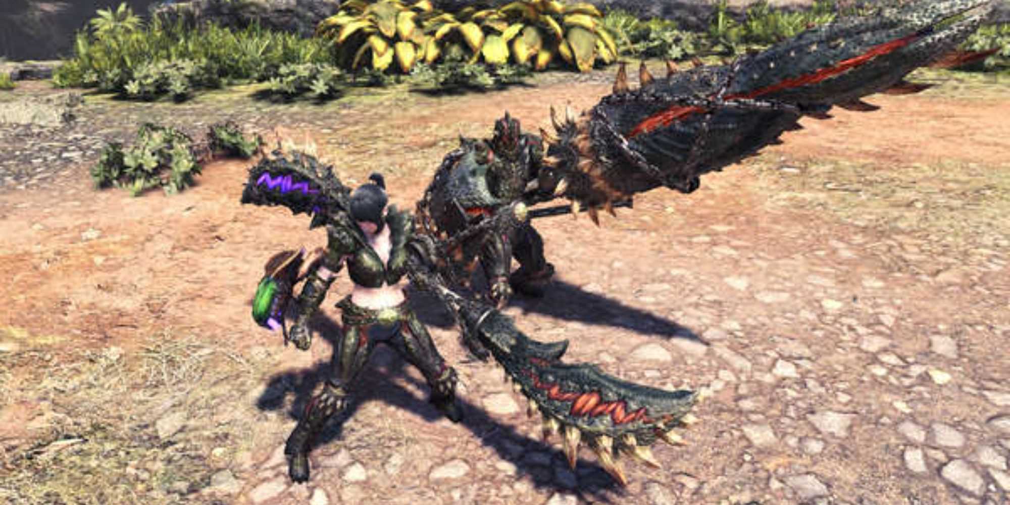 Caçadores empunhando armaduras e armas Deviljho em Monster Hunter World