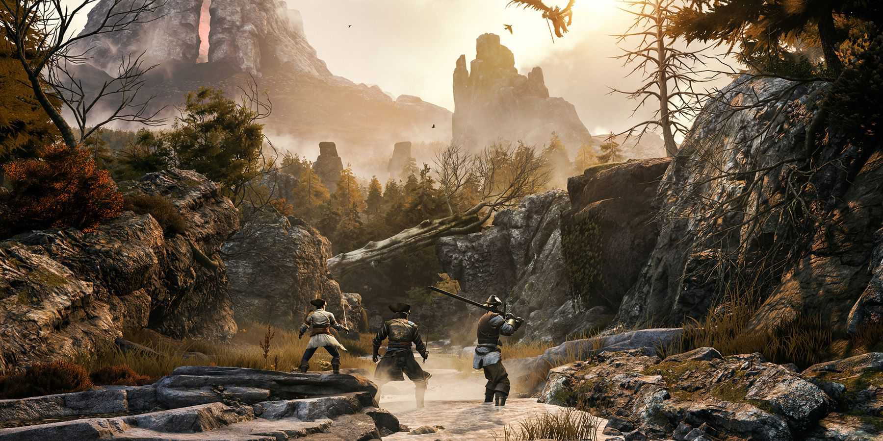 The party wading through a creek in GreedFall