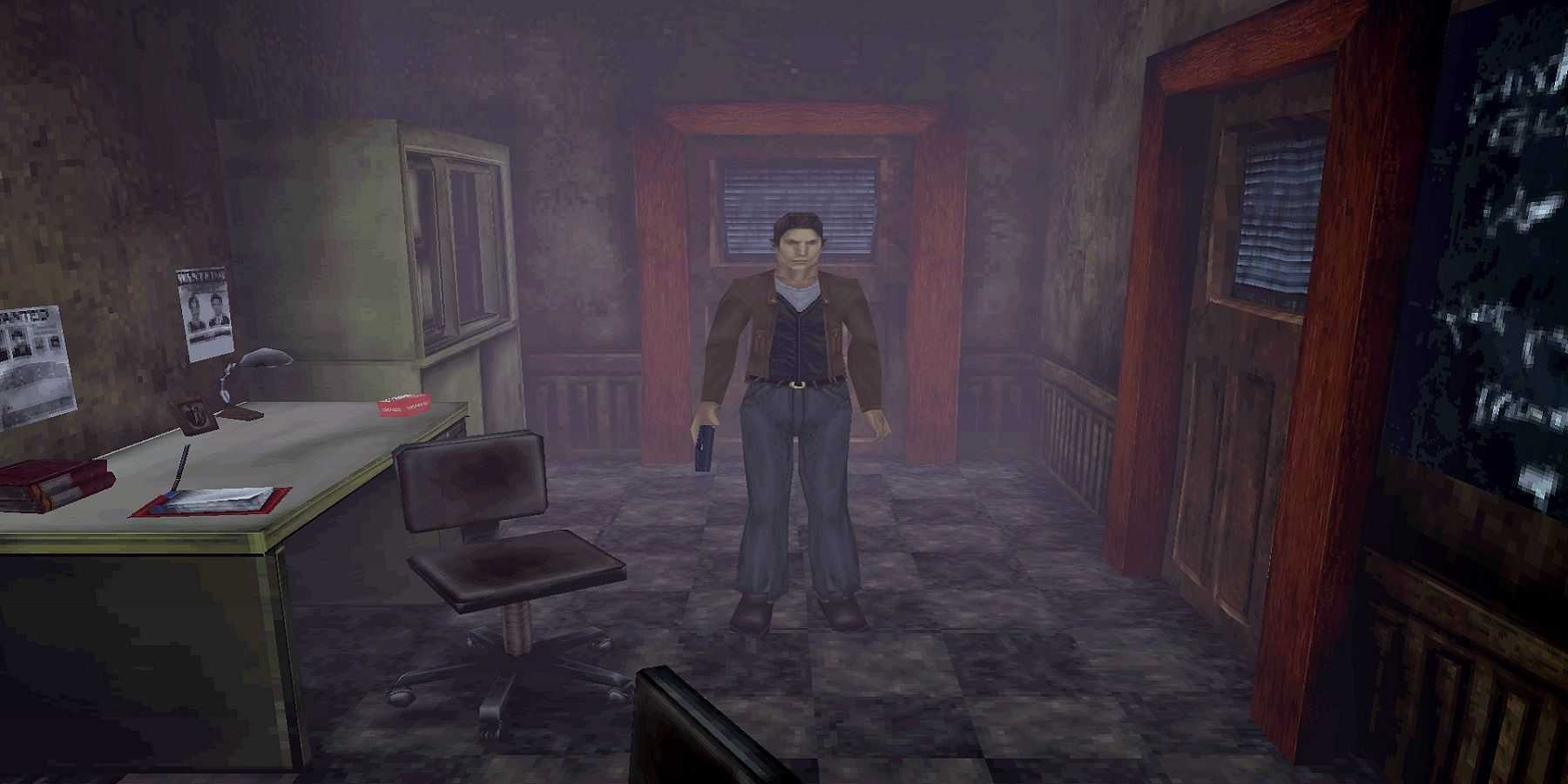 Imagem de Silent Hill 1 mostrando Harry Mason dentro do escritório da escola.