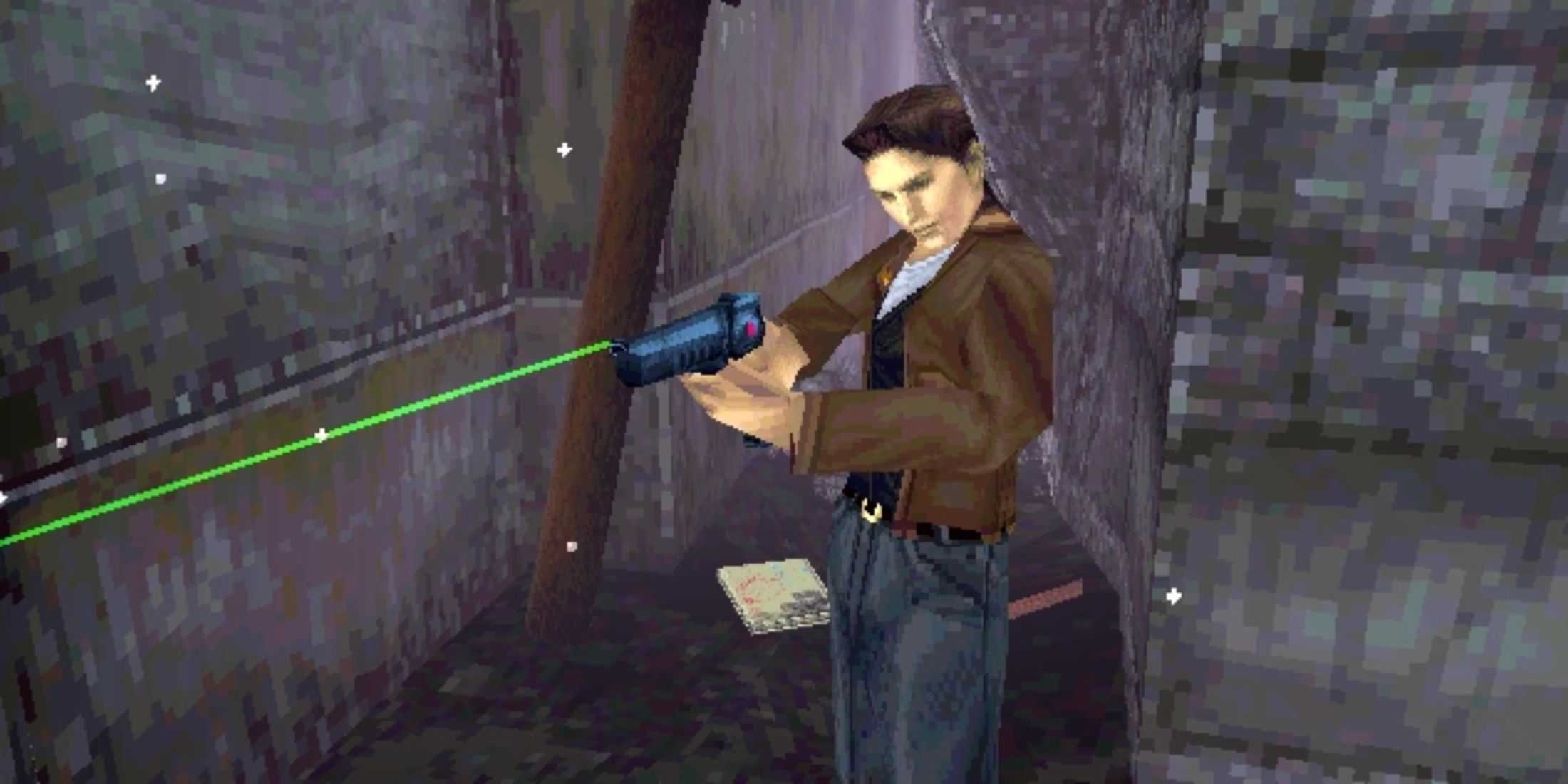 Harry Mason aiming a gun with a green laser sight