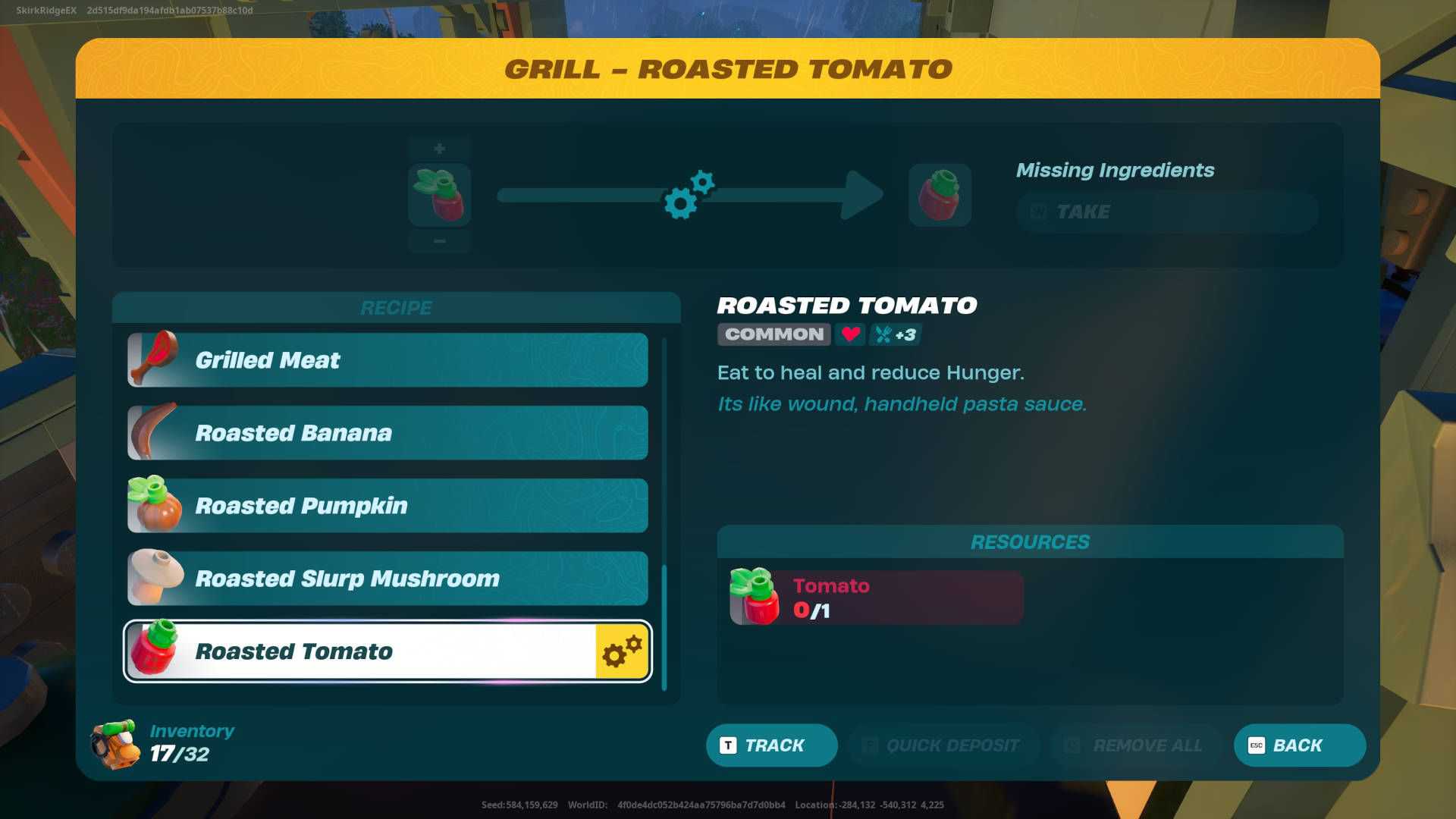 Tela de grelha para criar tomates assados ​​no LEGO Fortnite.