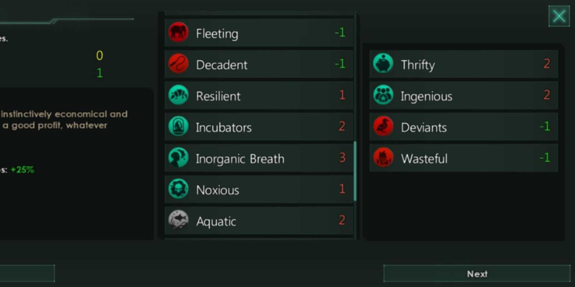 Captura de tela da lista de níveis de características Stellaris: Filthy Rich But Wasteful