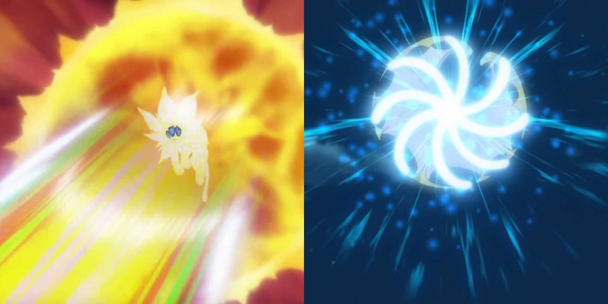 Solgaleo e Lunala carregam seus respectivos movimentos característicos no anime (Sunsteel Strike e Moongeist Beam)