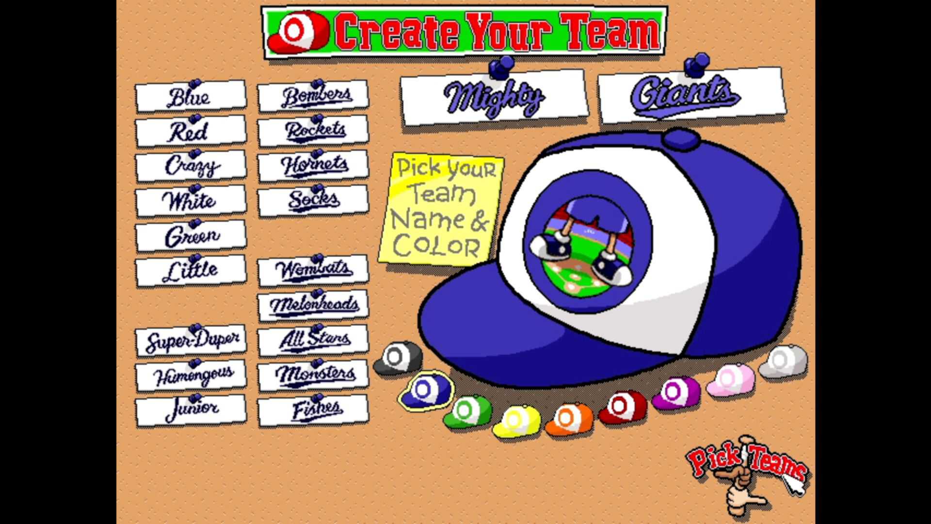 Backyard Baseball 97 Create a team screen