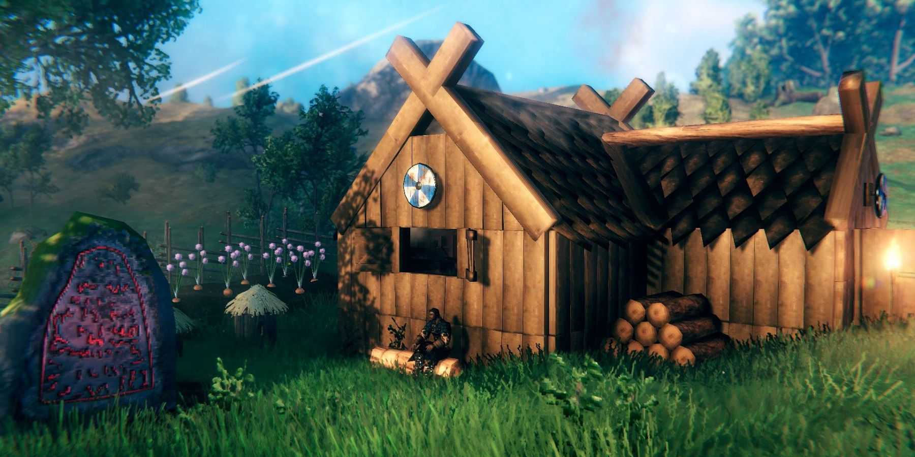 Uma casa de estilo viking em uma paisagem serena em Valheim