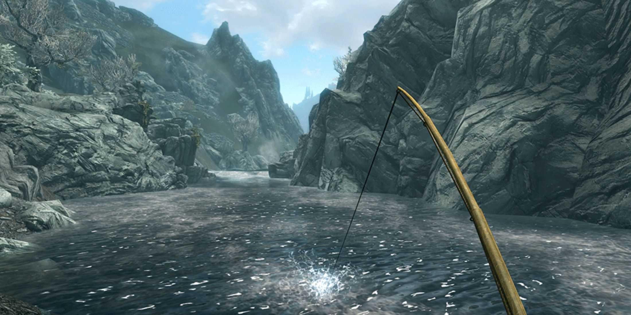 Catching fish in a Skyrim river 