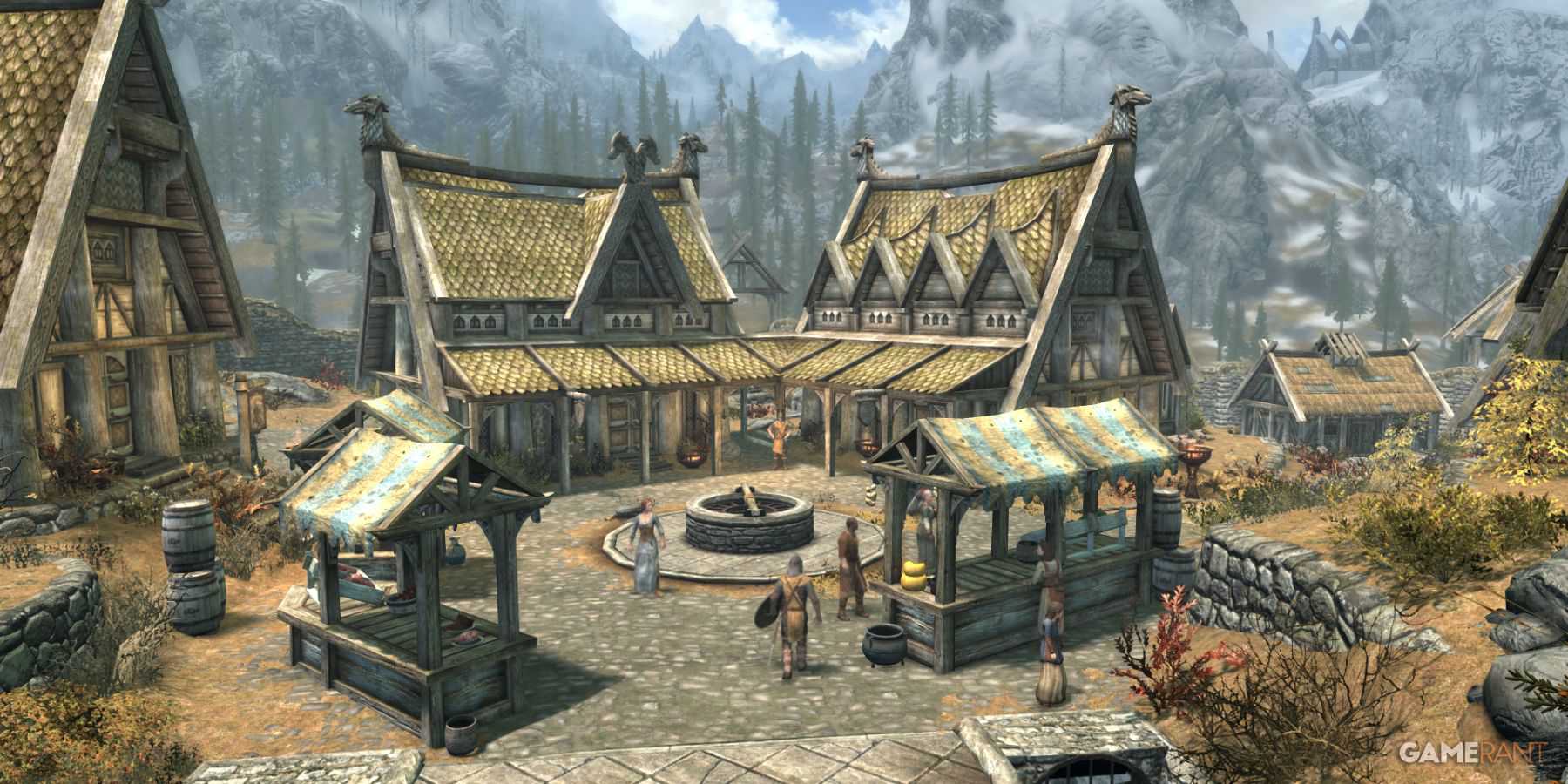 Whiterun's marketplace with wooden stalls and shops in Skyrim