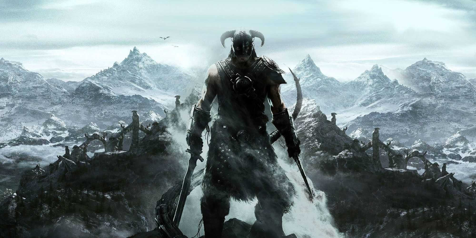 o protagonista de skyrim está em uma montanha