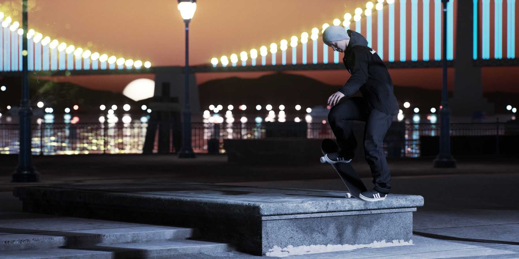 Um skatista moendo em um banco em uma sessão de simulação de skate