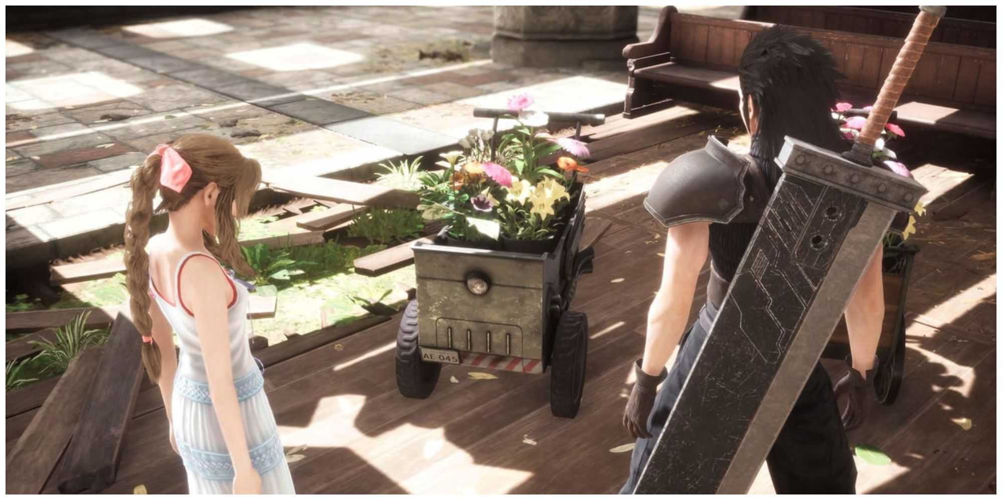 Aerith and Zack admire the Cool Flower Wagon in Crisis Core: Final Fantasy 7 Reunion