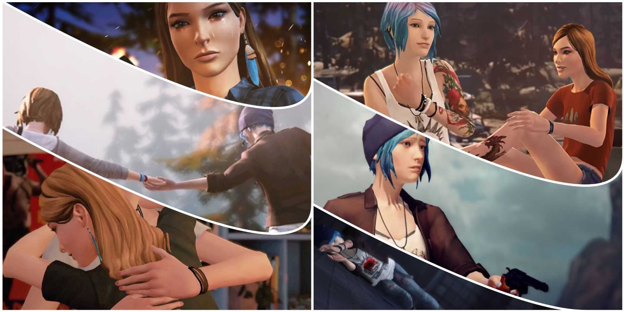 Chloe Price abraçando Rachel de mãos dadas com Max e mexendo com armas em Life Is Strange: Before The Storm