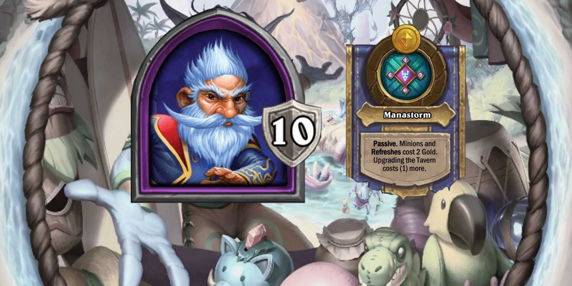 Millhouse Manastorm e seu Poder Heroico de Hearthstone Battlegrounds em um fundo com tema de praia