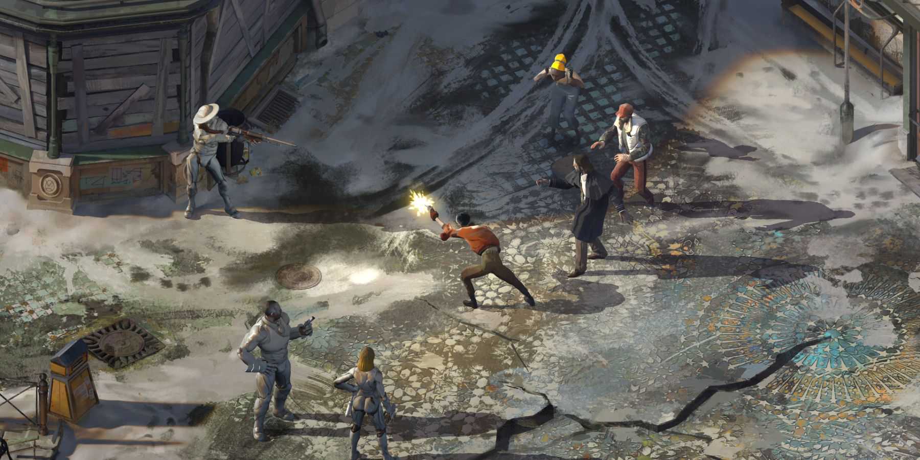 A group of characters in a shootout on a snowy street in Disco Elysium