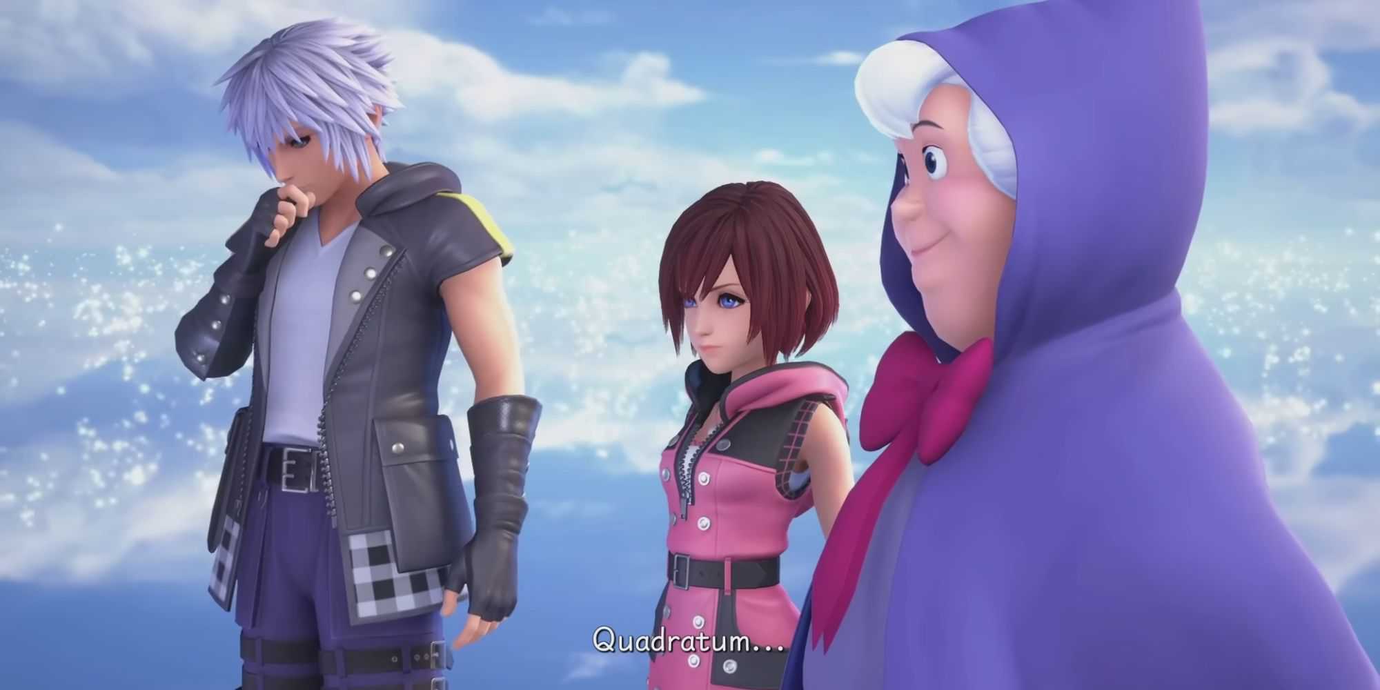 Kairi, Riku and the Fairy Godmother realize that Sora is in Quadratum in Kingdom Hearts: Melody of Memory