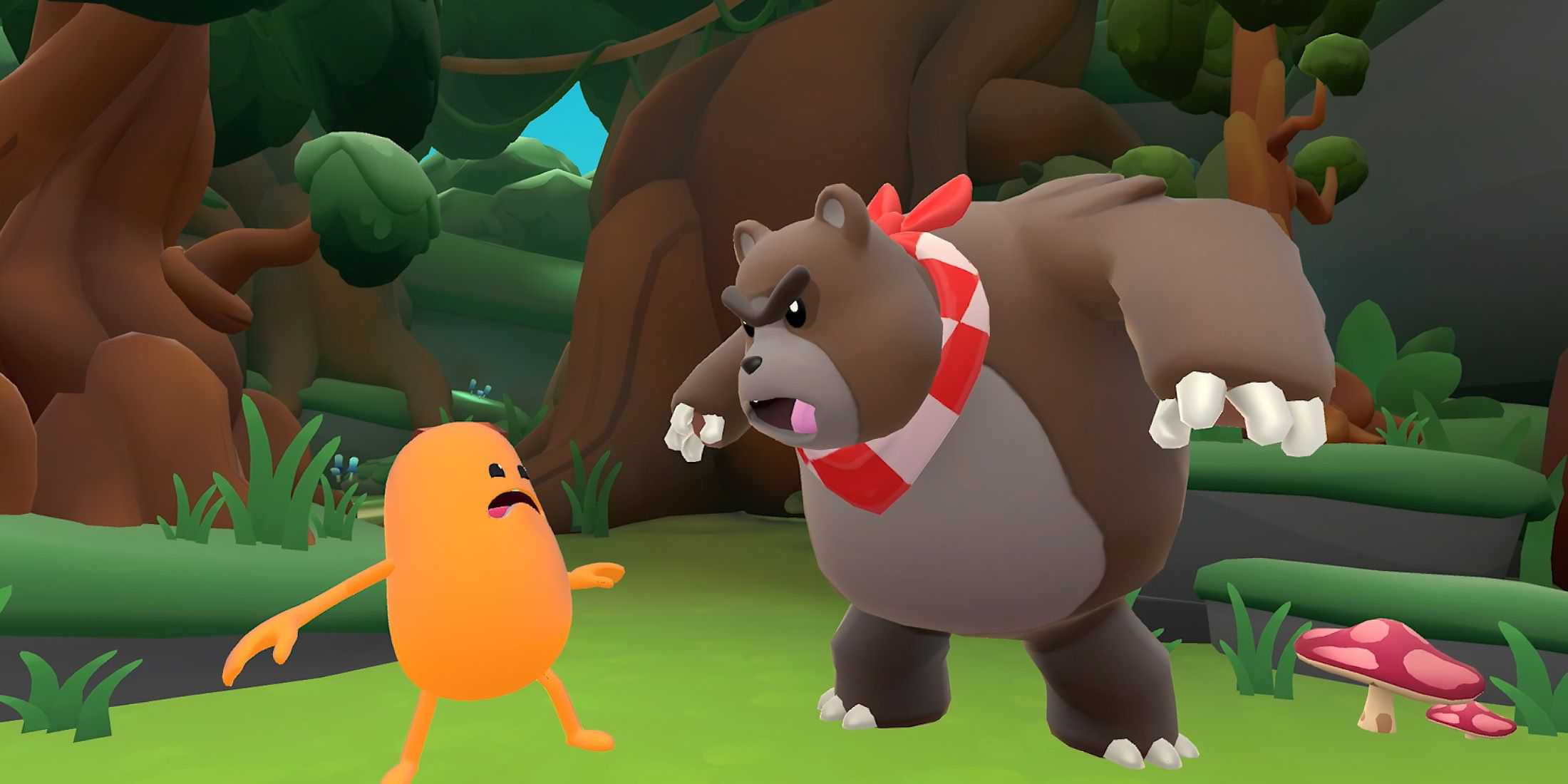 Dumb Ways to Die Free For All trailer screenshot 2 forest bear angrily looking toward orange bean