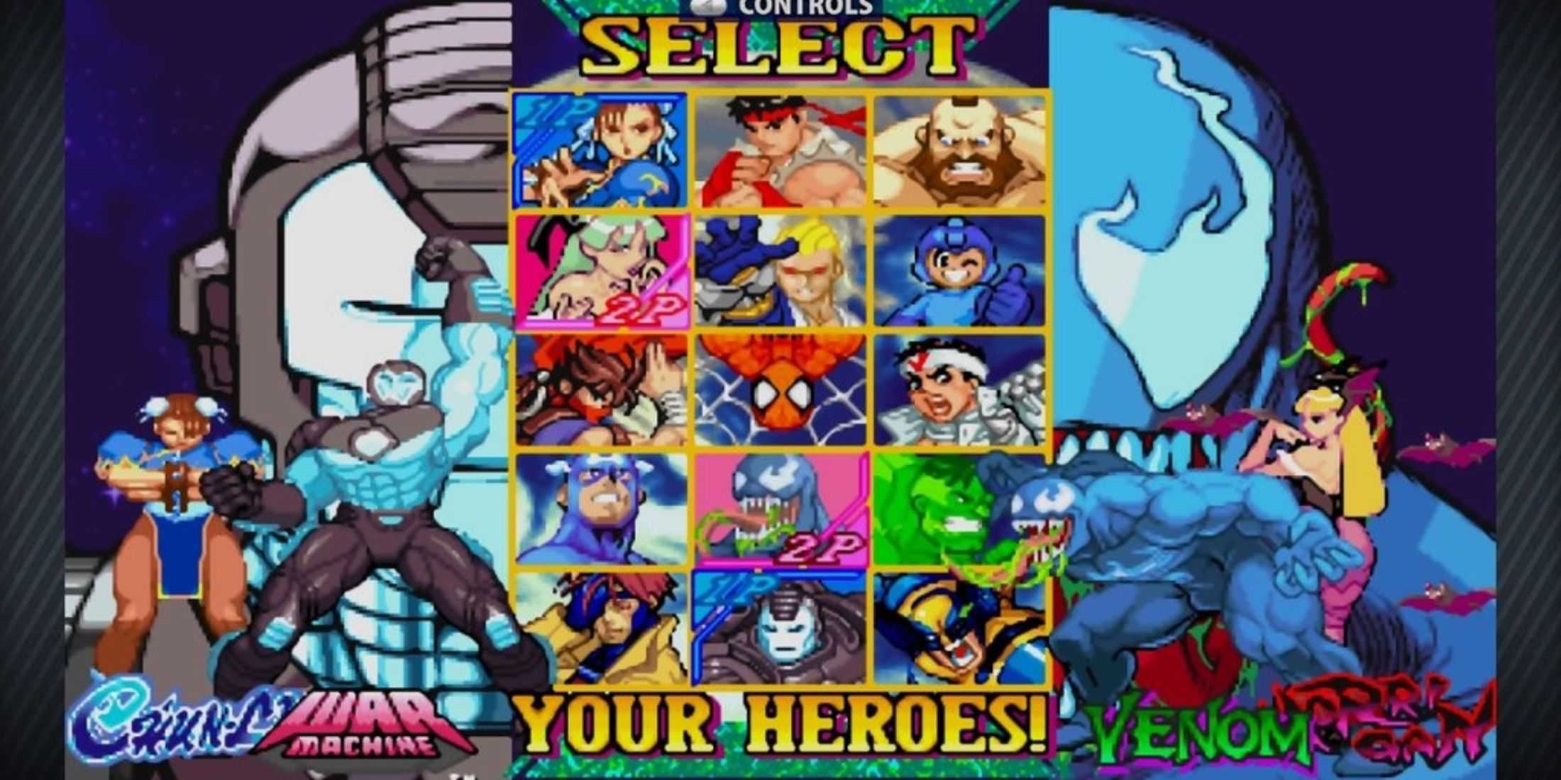 Marvel vs Capcom character selection screen with Chun-Li, War Machine, Venom, Morrigan