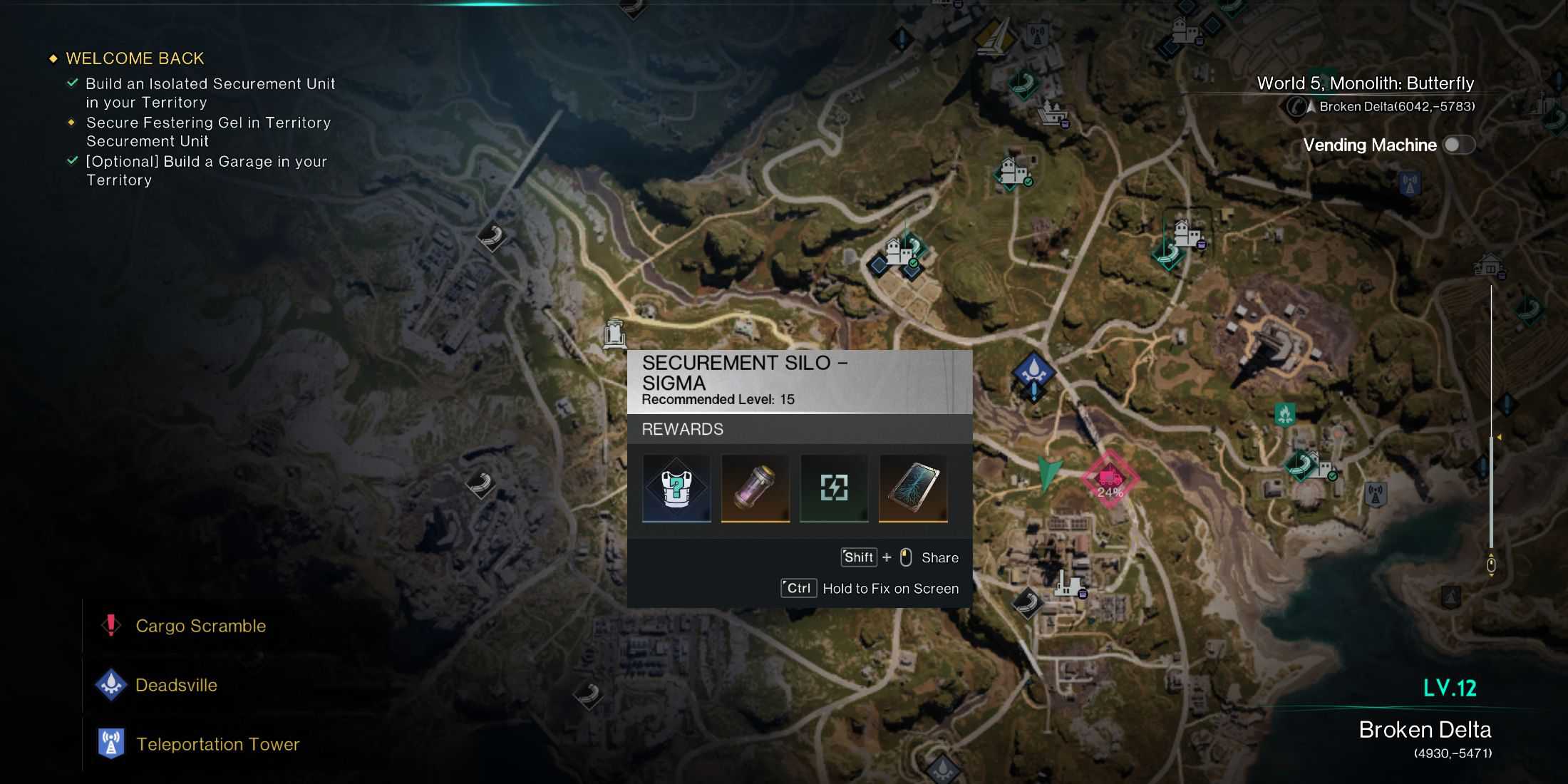 Screenshot showcasing where to find Securement Silos in Once Human 