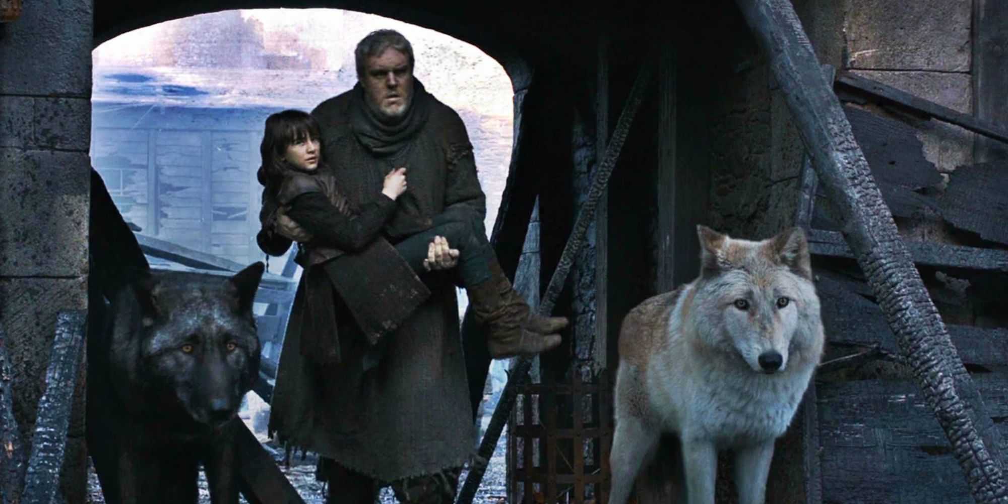 Game of Thrones Hodor carregando Bran com os lobos gigantes Summer e Shaggydog