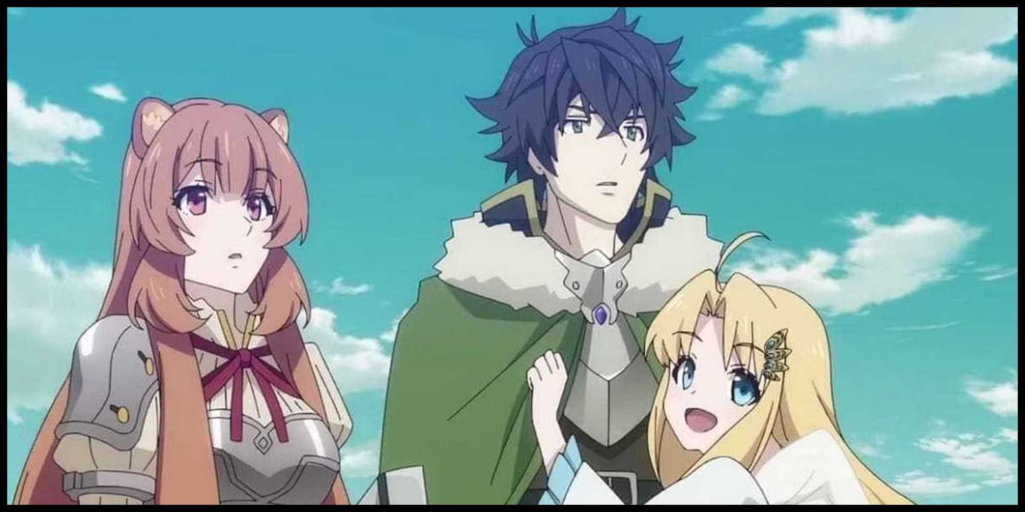 The Rising of the Shield Hero - Naofumi e seu grupo olhando para fora da tela