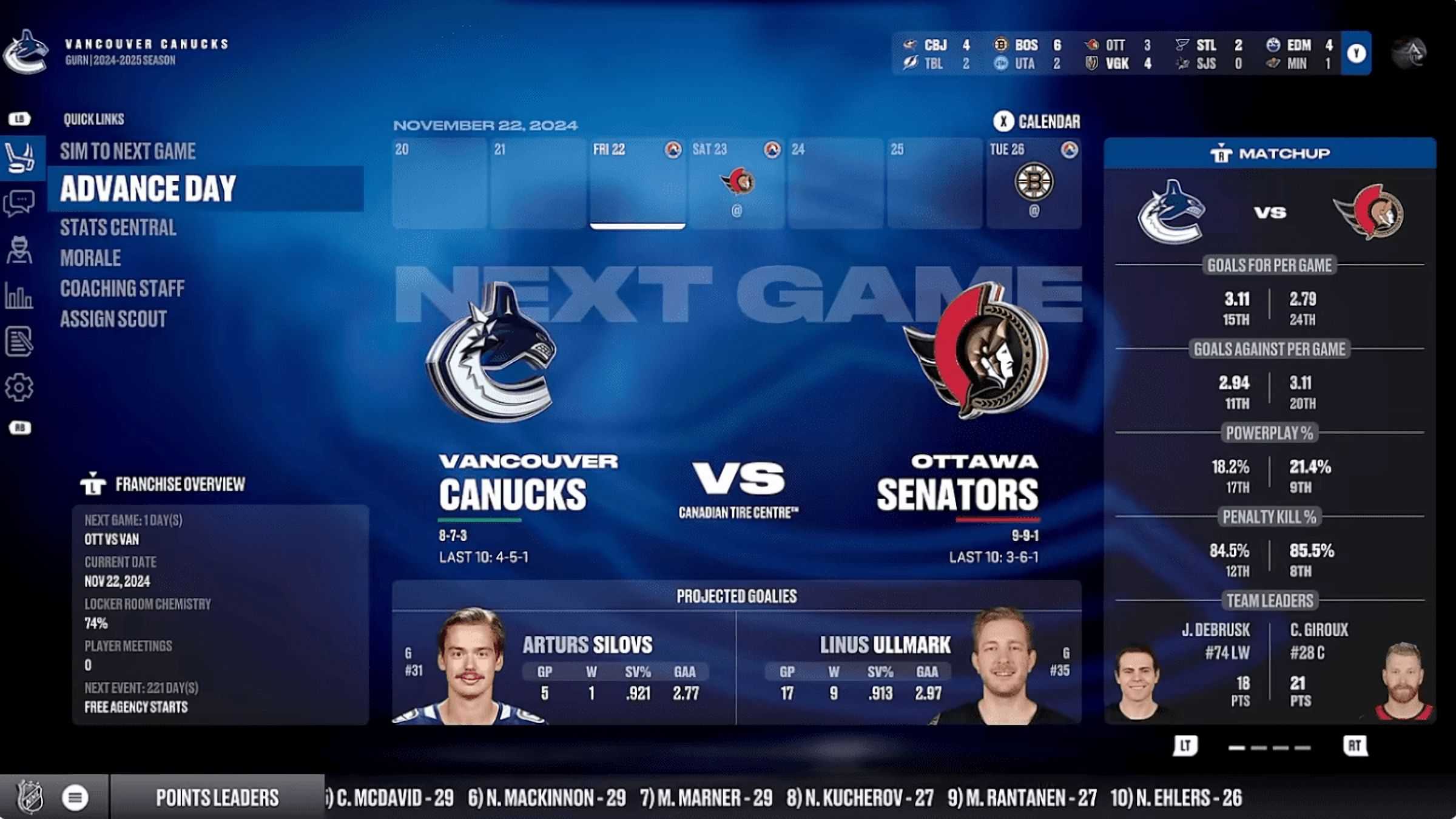 The home screen for NHL 25's Franchise Mode.