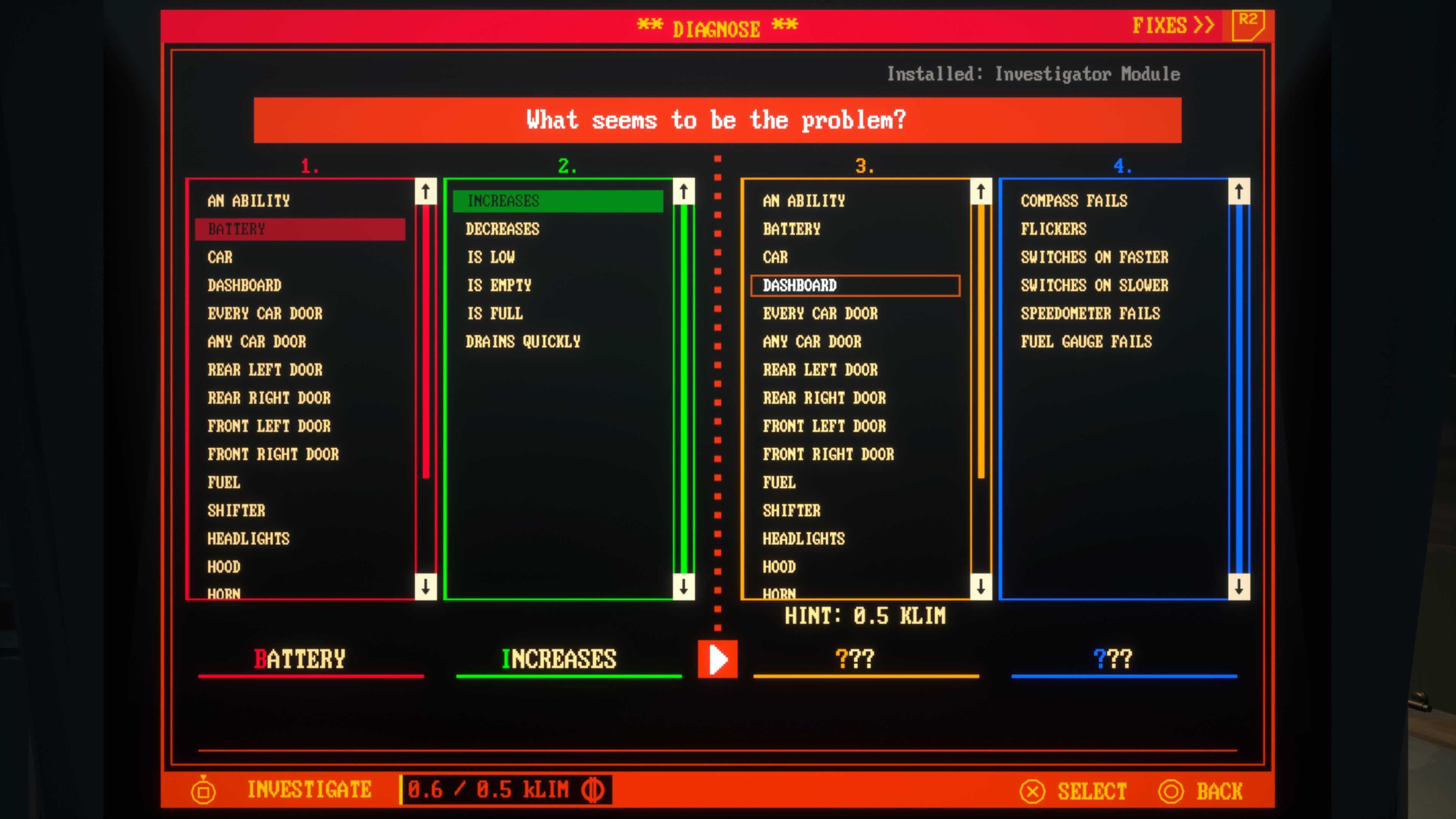 Pacific Drive car diagnosis screen