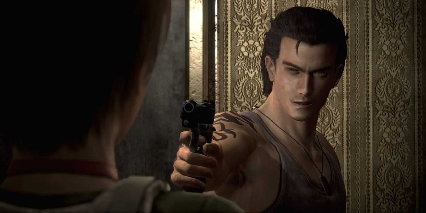 Resident Evil Zero Screenshot de Billy Coen apontando arma para Rebecca