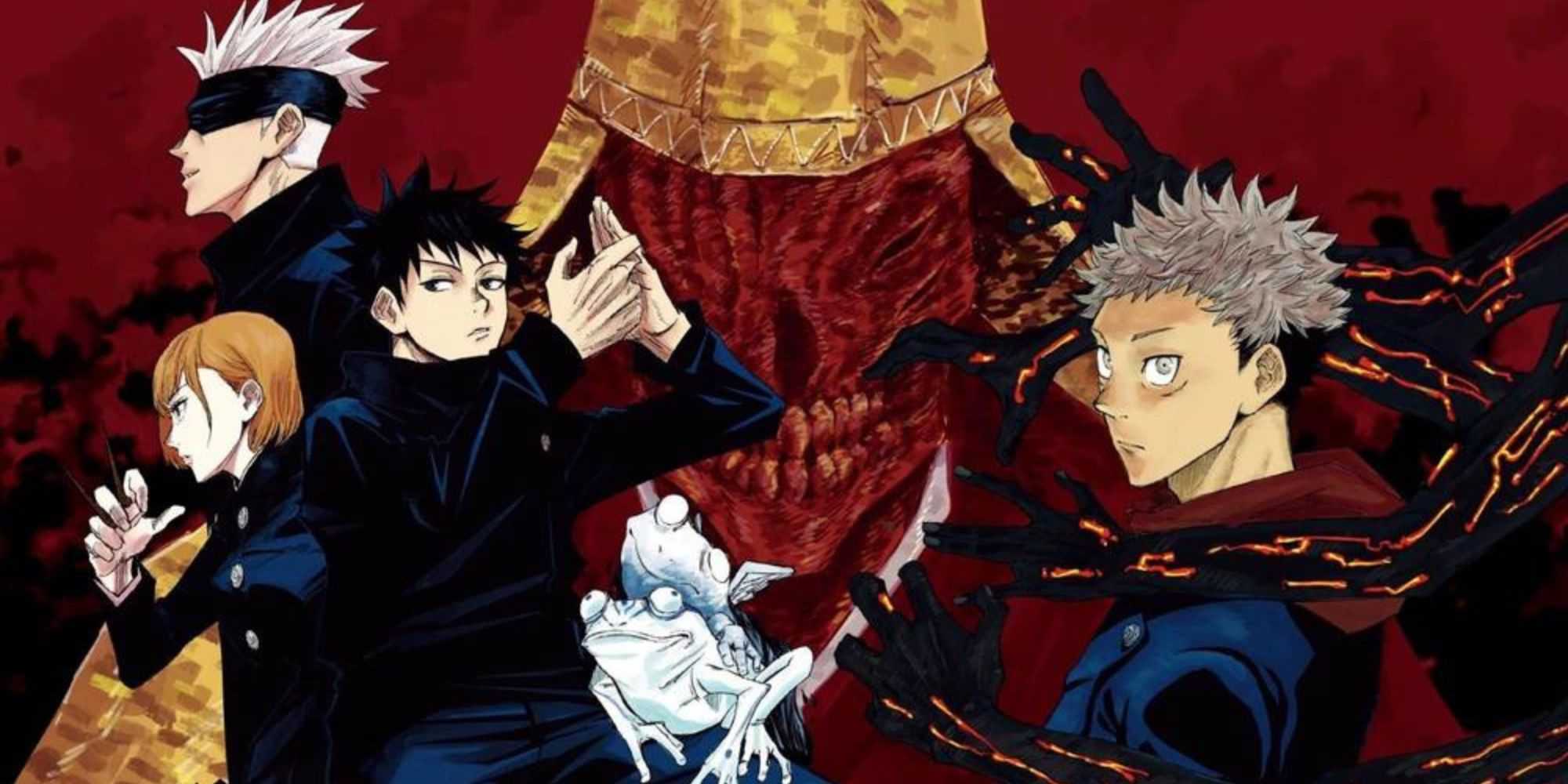 Gojo, Nobara, Fushiguro e Itadori na edição colorida de Fearsome Womb, o primeiro arco de Jujutsu Kaisen.