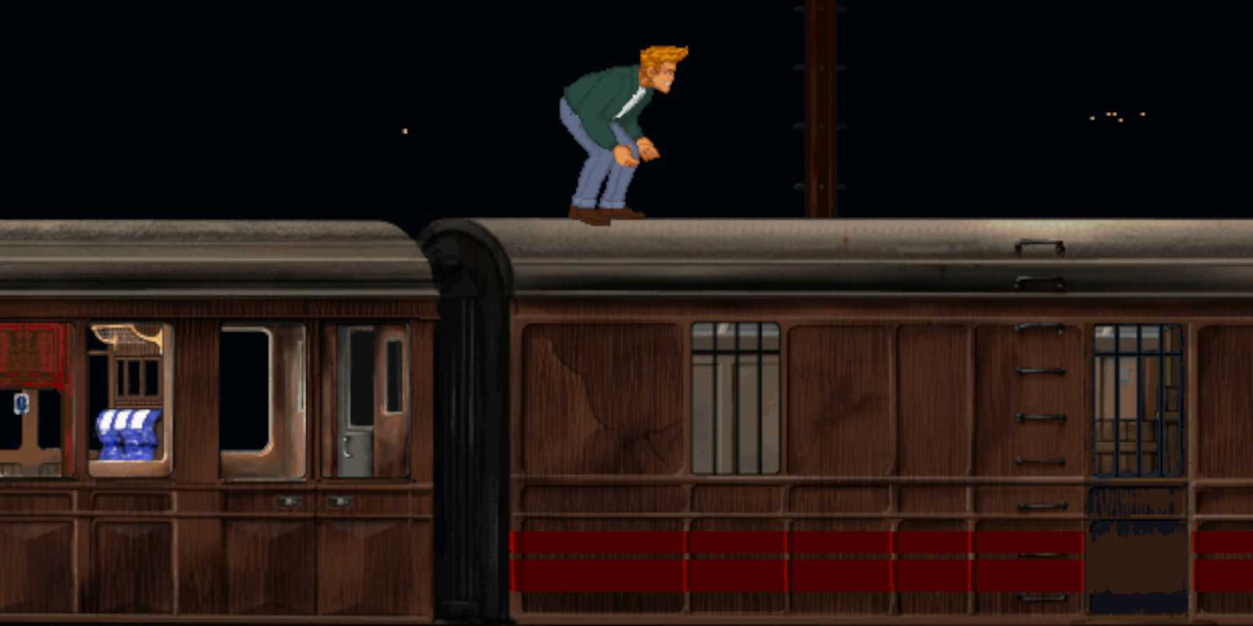 Broken Sword 1996 George sneaking on top of the train