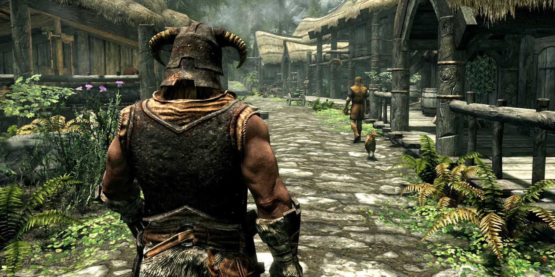 A screenshot from The Elder Scrolls 5: Skyrim showing the Dovahkiin walking through Riverwood.