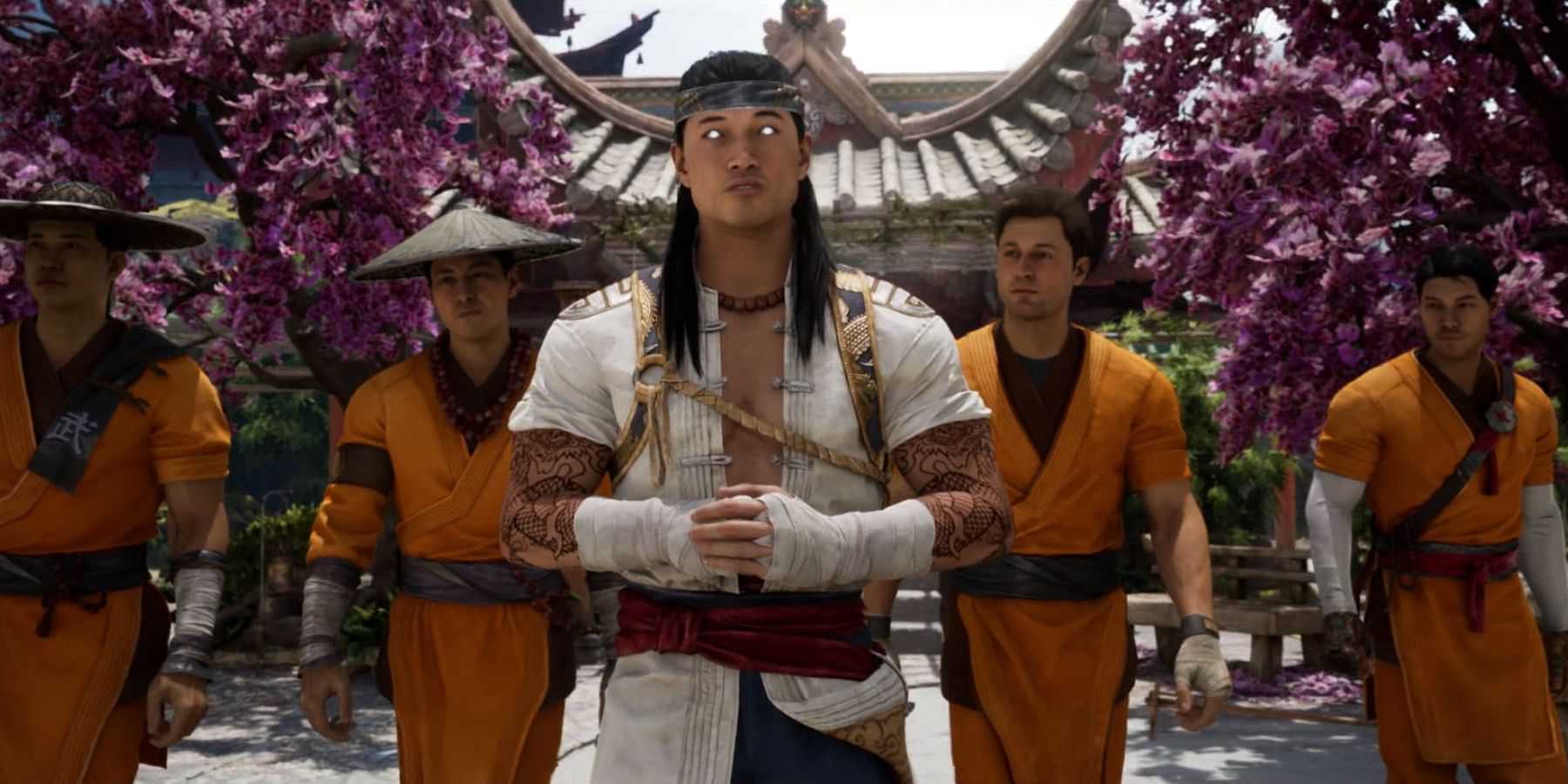 Liu Kang standing in front of a line of Monks