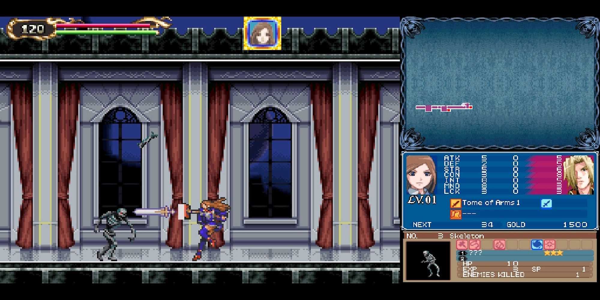 Fighting a skeleton as Charlotte in Castlevania Portrait of Ruin