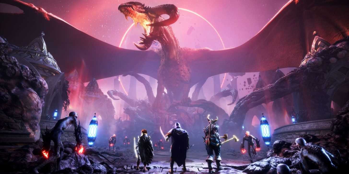 Official screenshot of the new team in Dragon Age The Veilguard facing a dragon