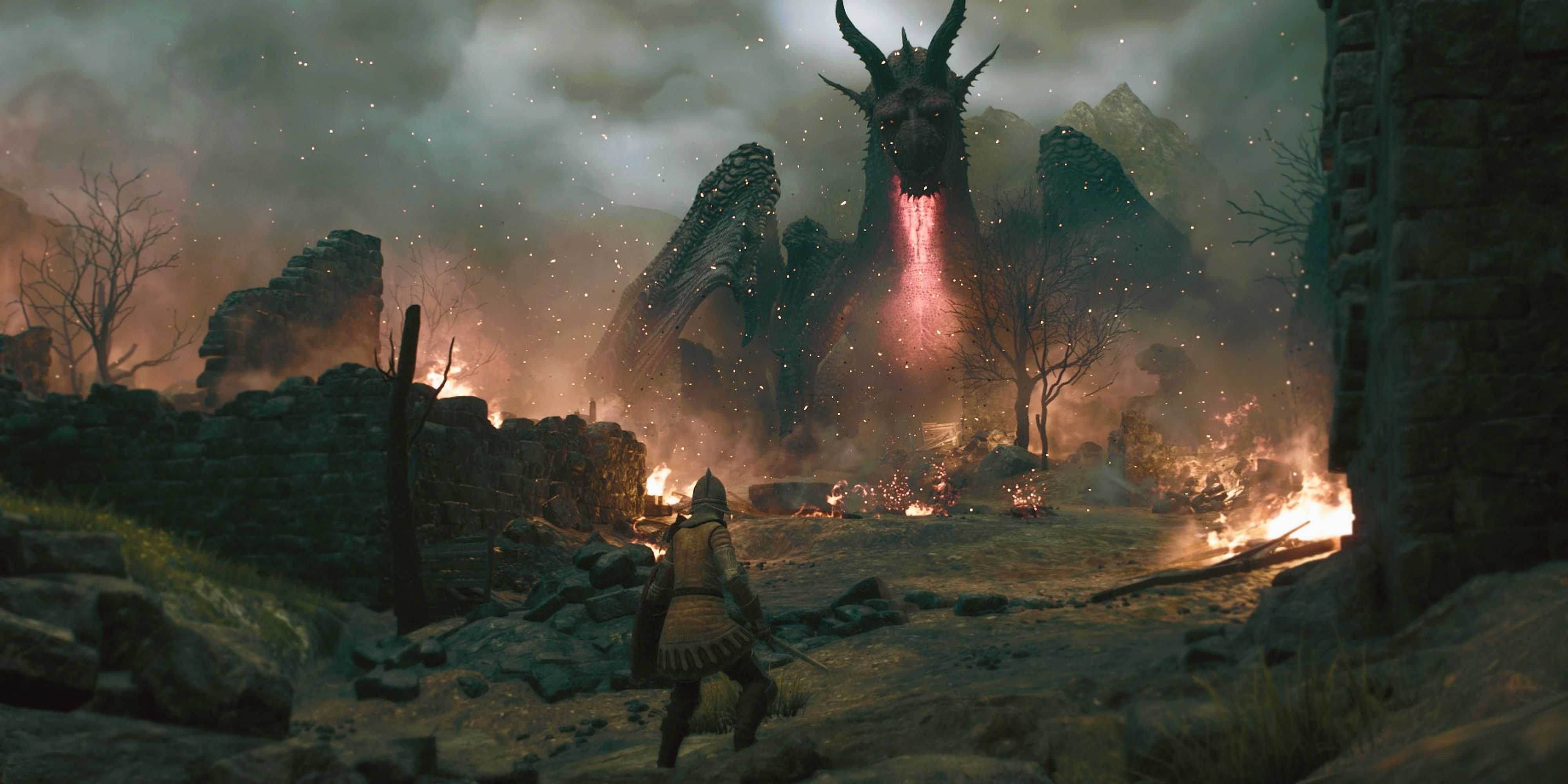 Dragon's Dogma 2 Hero Facing the Giant Dragon