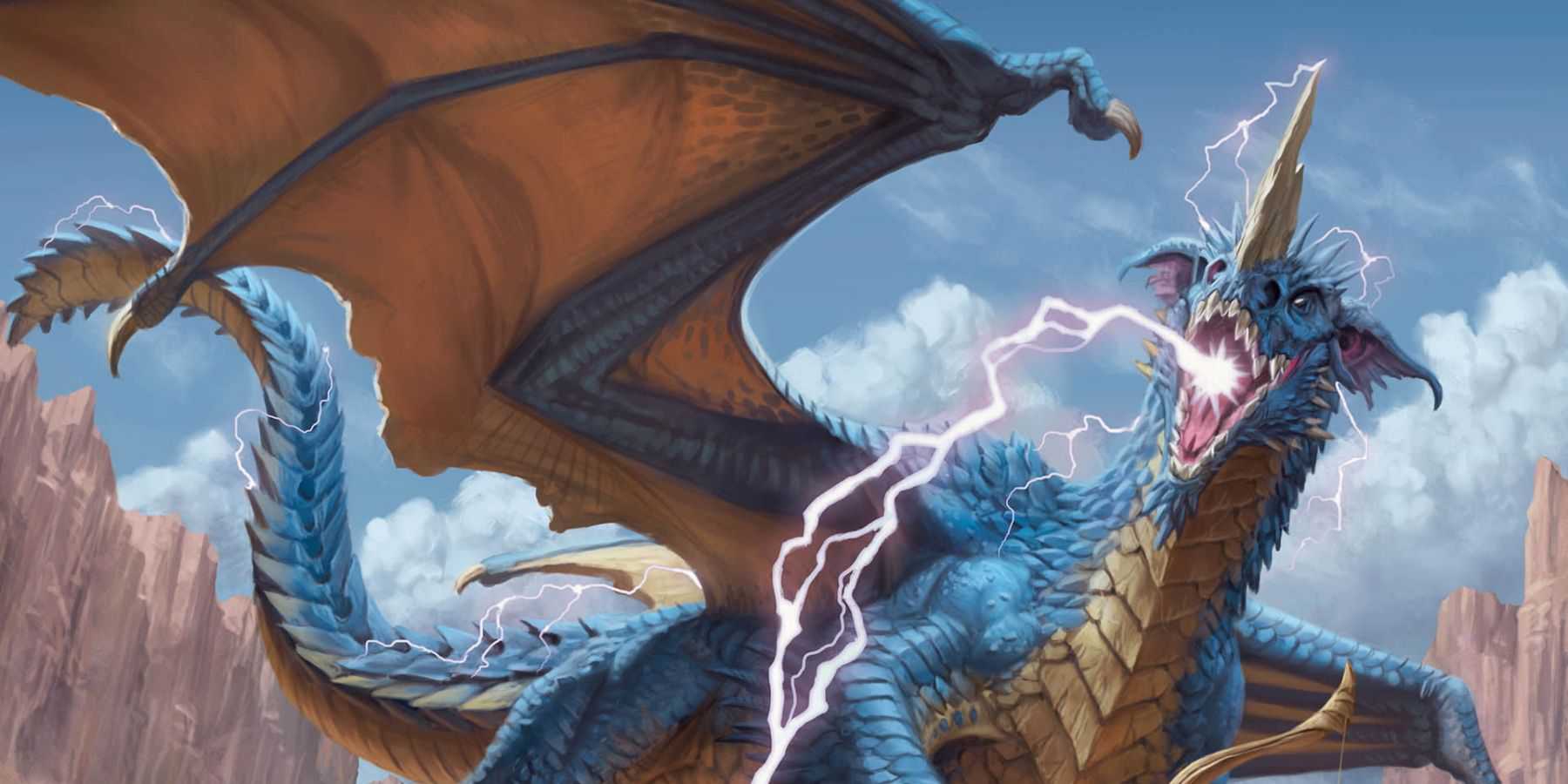 Official art from Dungeons and Dragons showing a blue dragon breathing lightning.