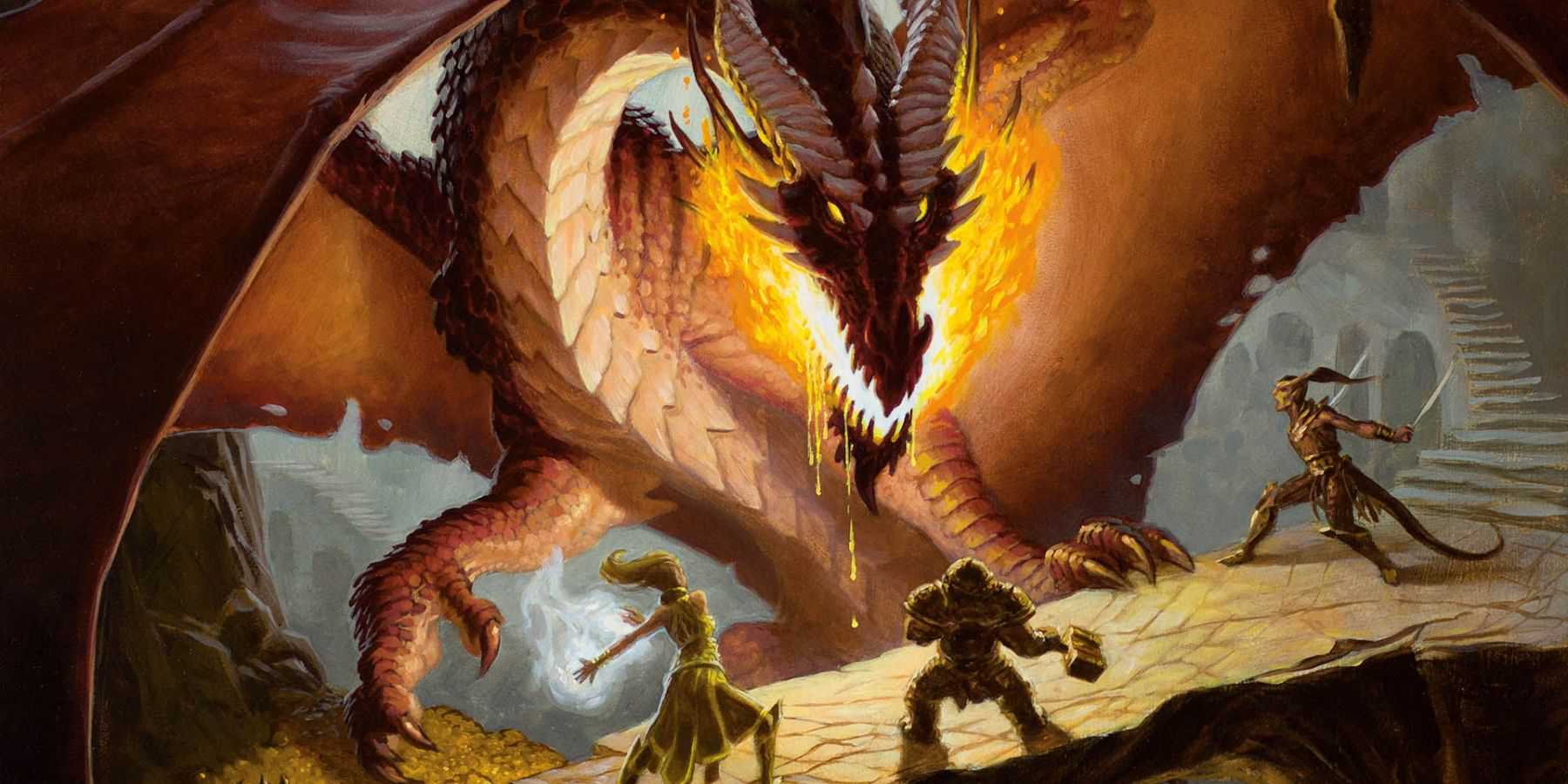 Official art from Dungeons and Dragons showing an adventuring party fighting a dragon.