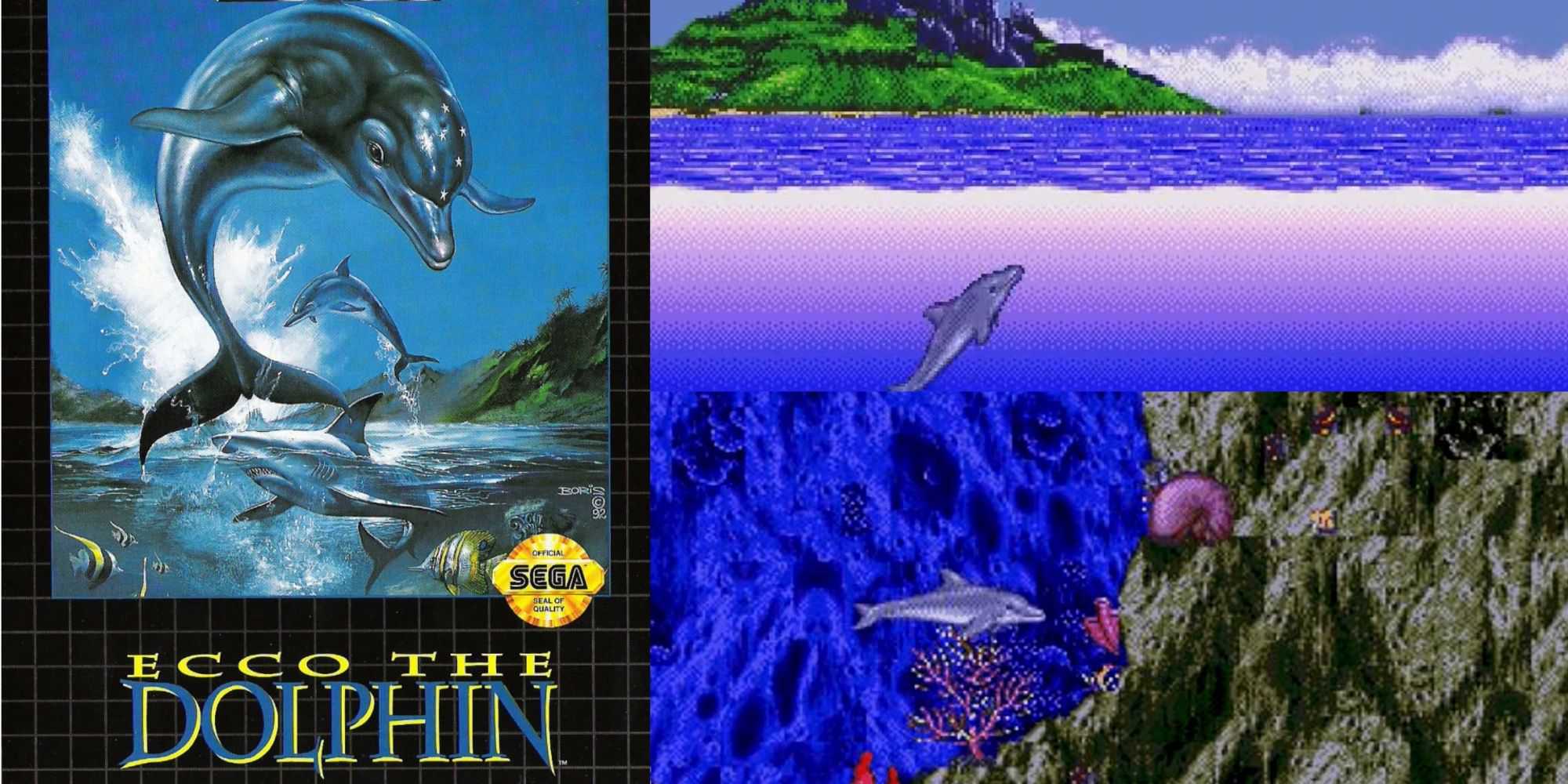 Arte da capa de Ecco, o golfinho, e capturas de tela do jogo